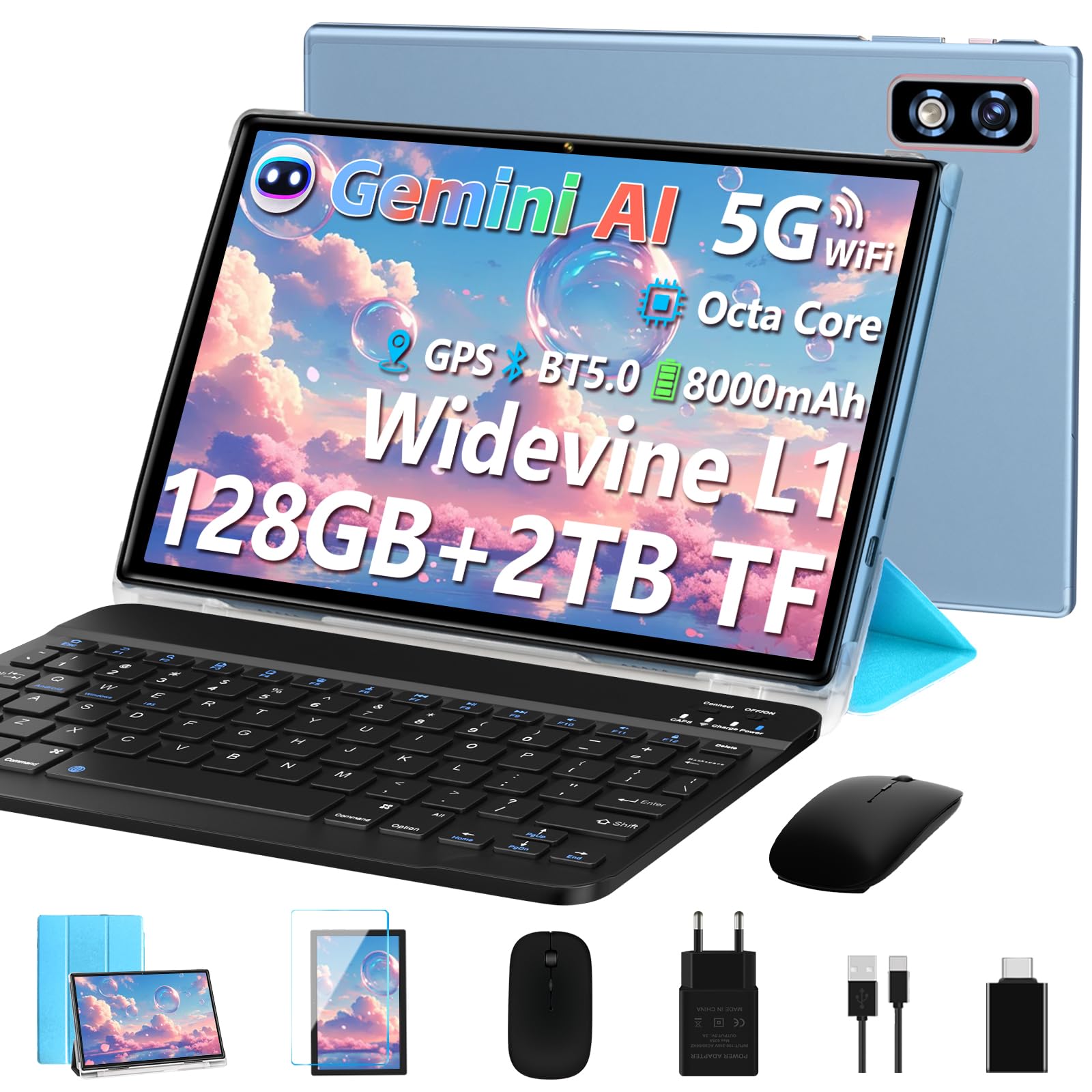 2026 Neueste Tablet 10 Zoll Android Tablet,22GB RAM+128GB ROM/1TB TF, Octa-Core, 2.0GHz,5G+2.4G WiFi, BT 5.0, 8000mAh, Widevine L1,8+5MP, AGPS, 2 in 1 Tablet PC Mit Tastatur und Maus - Blau