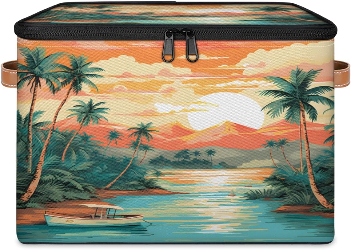 Storage Bin Set of 2 Sunset Coconut Tree Storage Basket with Zipper Lid & Handle Foldable Closet Shelf 2 Pack Cloth Organizer Basket Cube Bins Clothes Organizer for Bedroom, Nursery