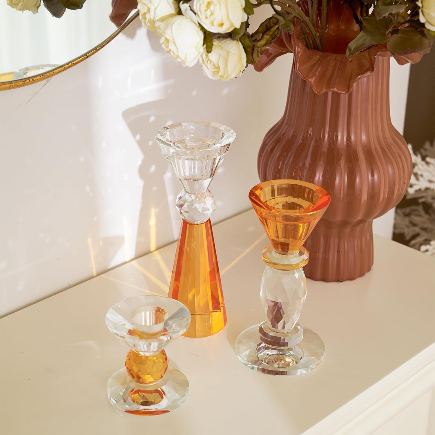 DN DECONATION Glass Candle Holder Set of 3, Candlesticks Holders Amber & Clear Crystal Tealight Candles Holder for Table Centerpiece Wedding Decorations Housewarming Gift Living Room Party