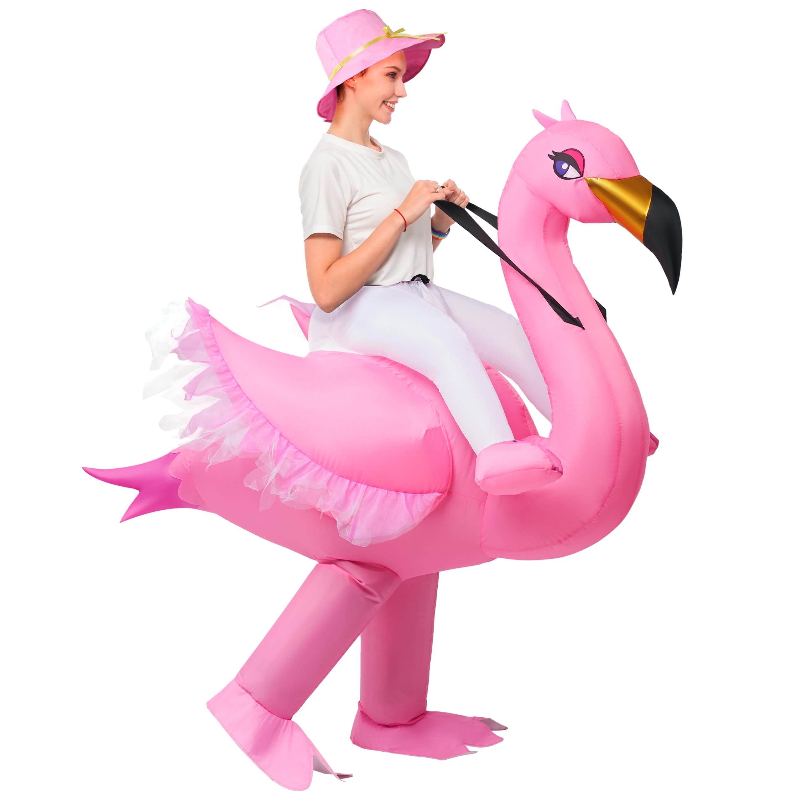 Spooktacular CreationsAdult Inflatable Costume Riding an Elegant Flamingo Air Blow-up Deluxe Ride On Halloween Costume Pink