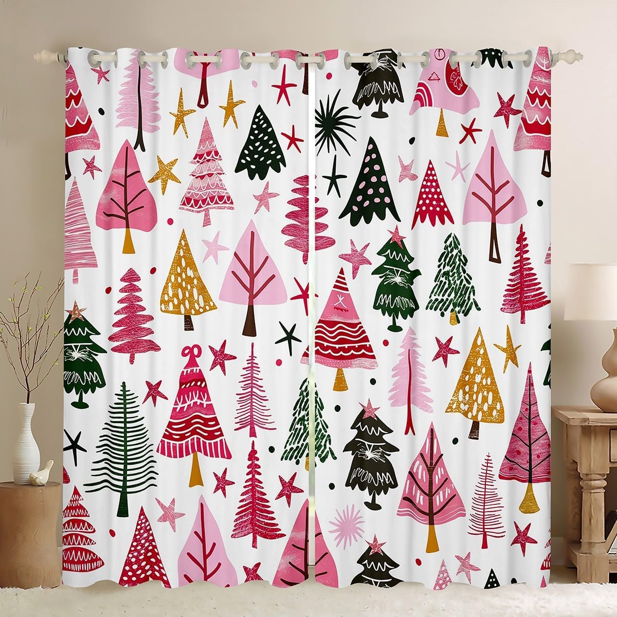 Cartoon Pine Trees Window Curtain Set of 2 Panels,Princess Pink Green Christmas Trees Cute Starry Window Drapes,Hand Graffiti Style Xmas Gifts Curtain for Kids Adults Bedroom Decor,38Wx45L