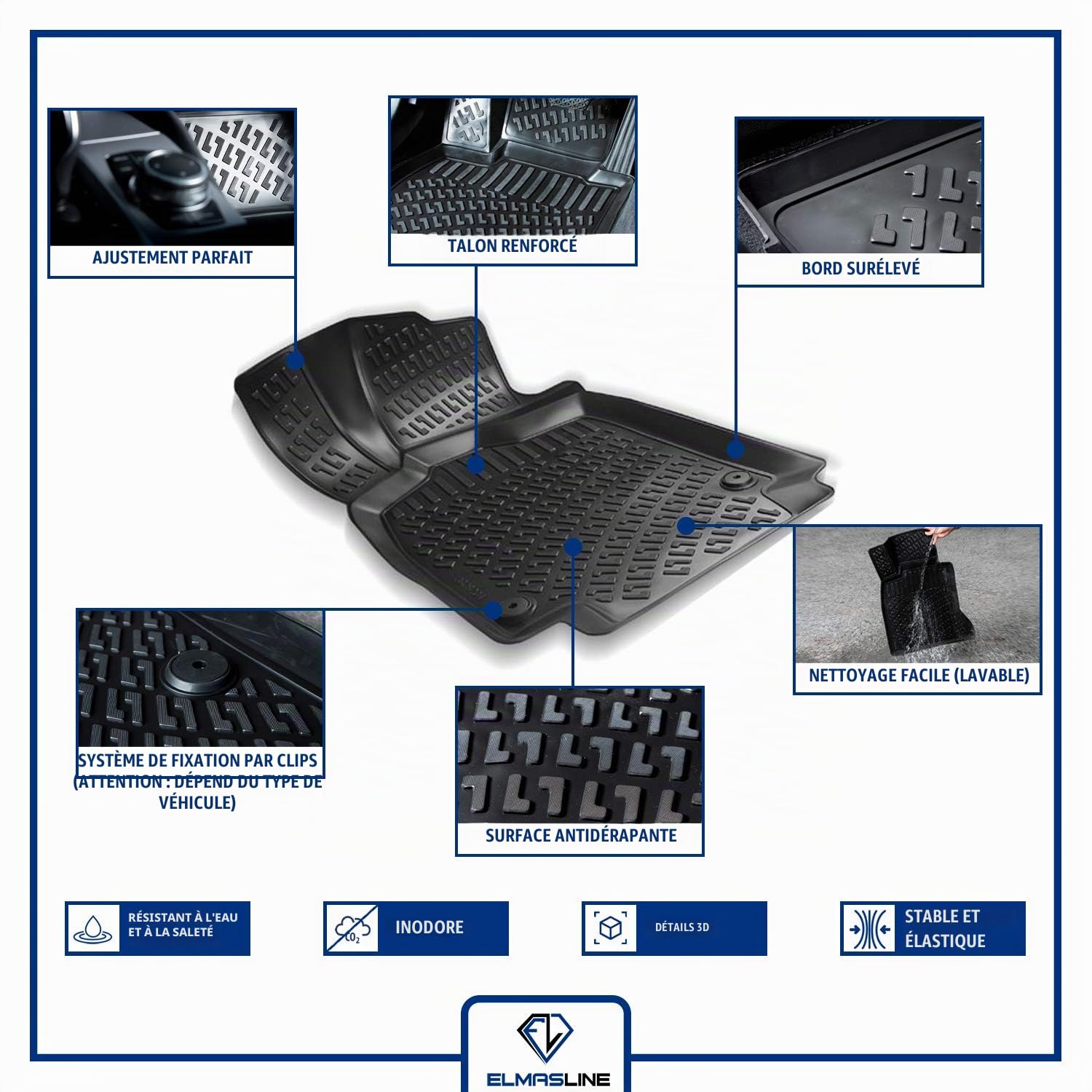 Elmasline Jeu de Tapis en Caoutchouc Design 3D pour Peugeot 3008 1 2009-2017 | Tapis de Voiture en Caoutchouc avec Bords Extra Hauts | Accessoires Auto