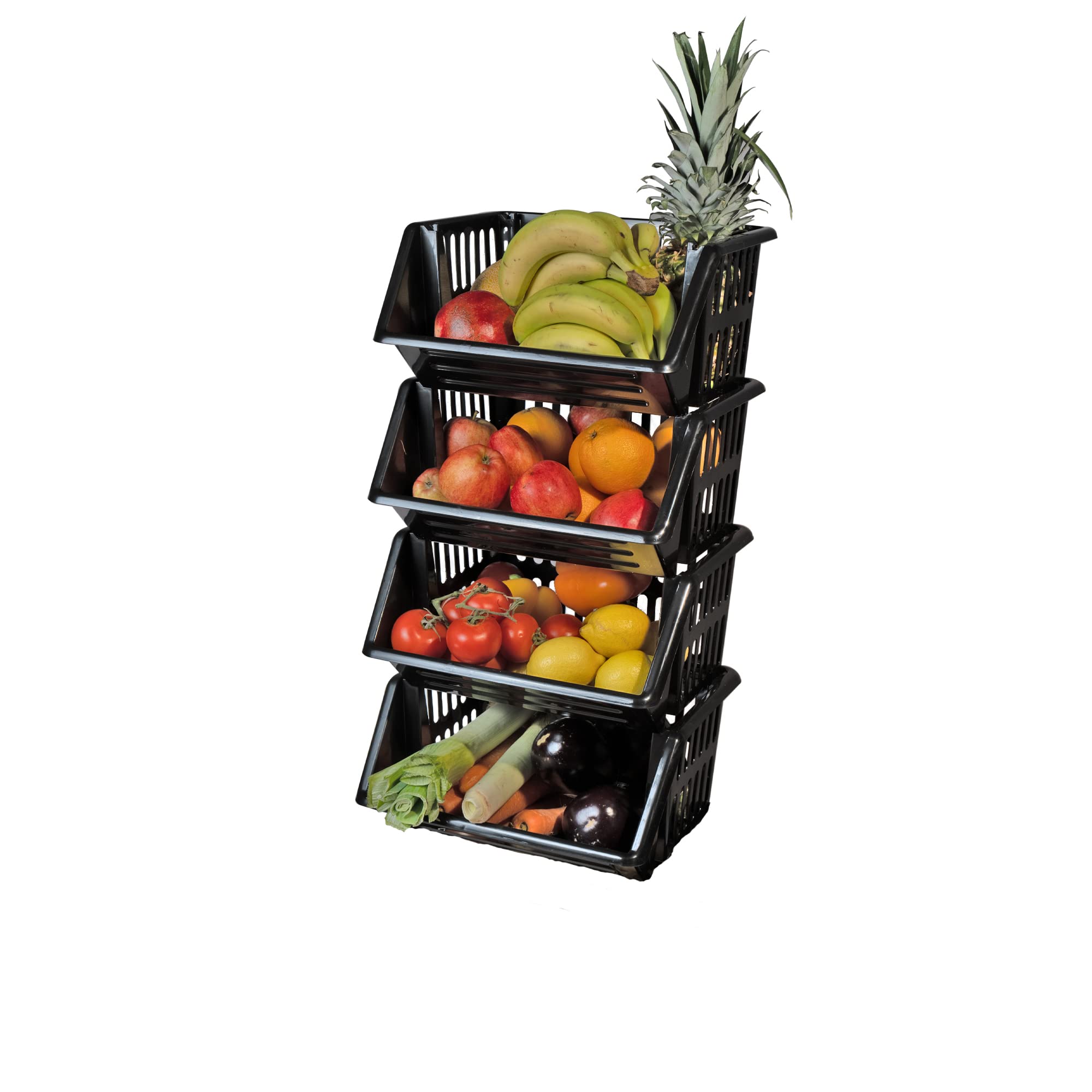 Cestas apilables de almacenamiento negras de 5 niveles para estantería de cocina, juguetes, estante organizador de plástico, frutas, cebolla, patatas, debajo del estante, furgoneta, cesta apilable