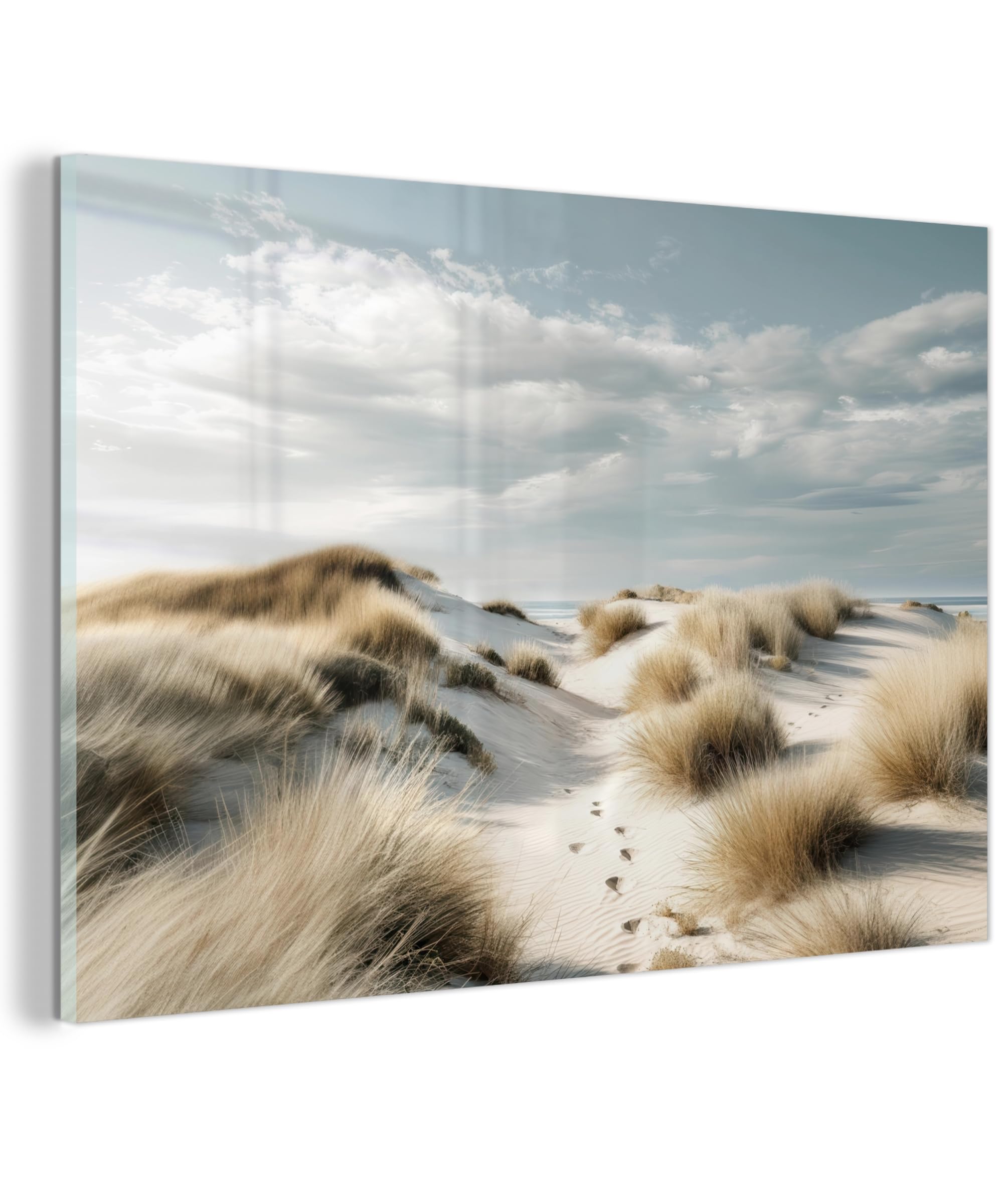 MuchoWow© Bild auf Glas 120x80 cm Schlafzimmer Bilder Badezimmer Wand Deko Wohnzimmer Modern Wanddeko Bilderwand Geschenk Dünen - Gras - Spuren - Wolken