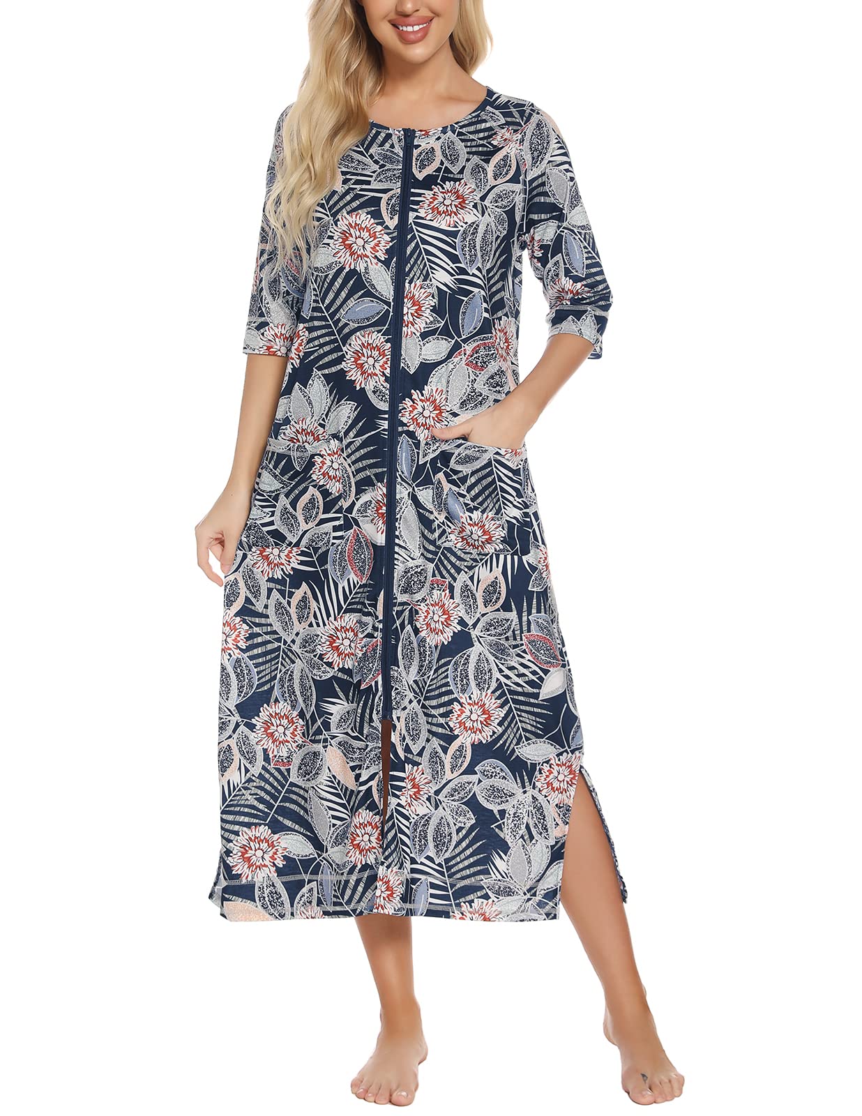 Rubehoow House Coat Damen-Bademantel mit Reißverschluss vorne, halblange Ärmel, volle Länge, weiche Baumwolle, Staubmantel mit Taschen