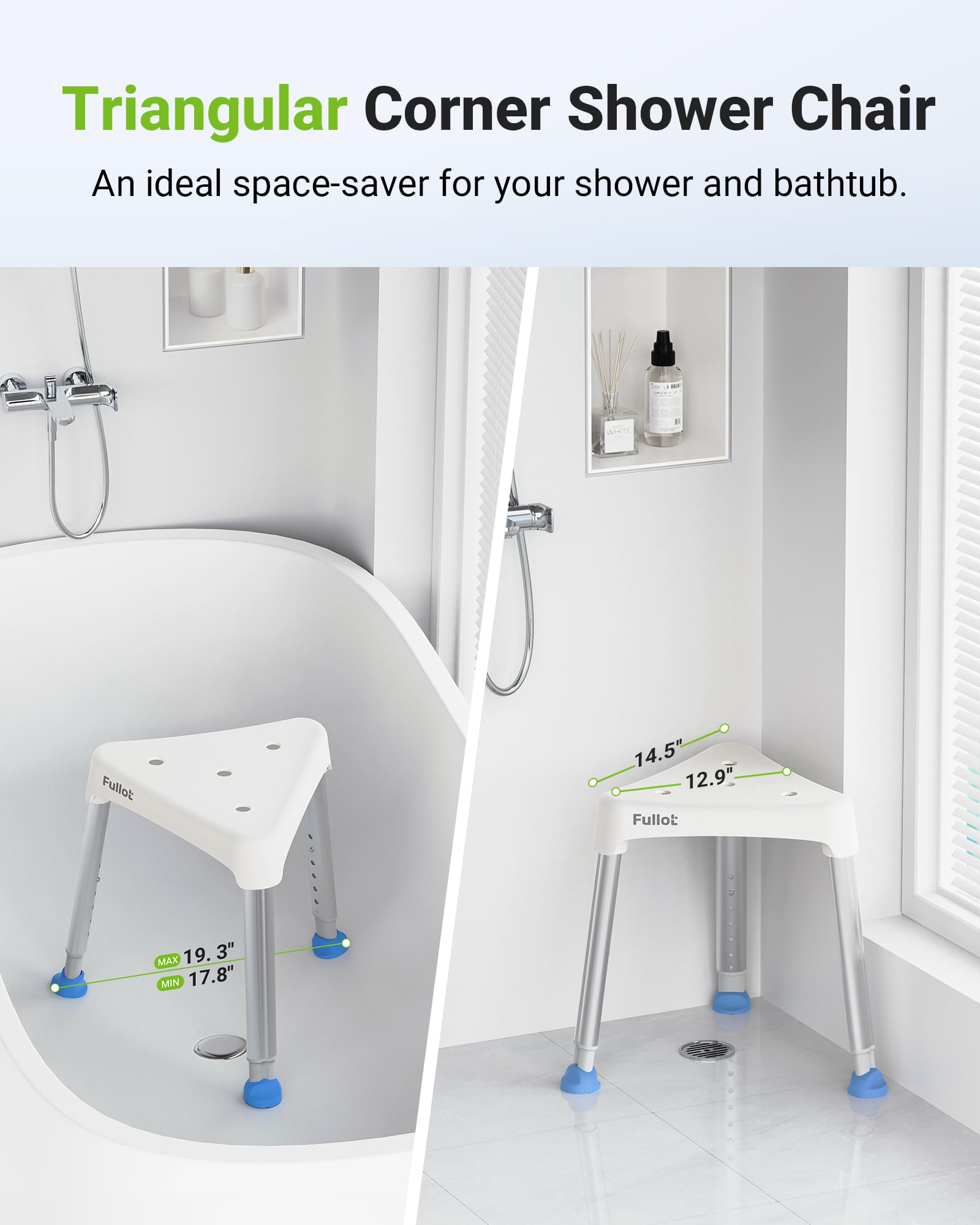 Silla de ducha triangular que ahorra espacio para regadera interior, elegible para FSA/HSA, taburete de ducha ajustable de 400 libras para ancianos y discapacitados, silla de bañera antideslizante con