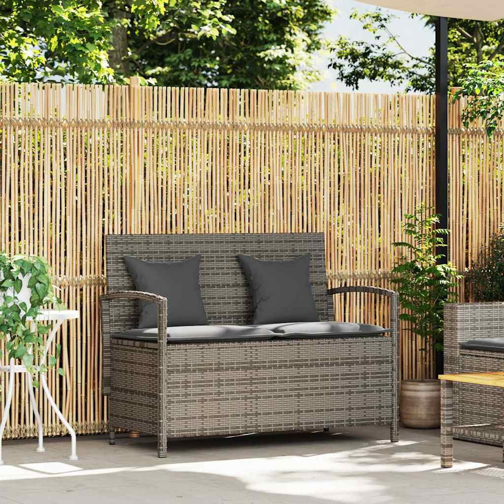 vidaXL Gartenbank mit Stauraum und Kissen Grau Poly Rattan, Gartenbank, Parkbank, Outdoor-Bank, Sitzbank, Terrassenbank, Außenbank, Gartenmöbel
