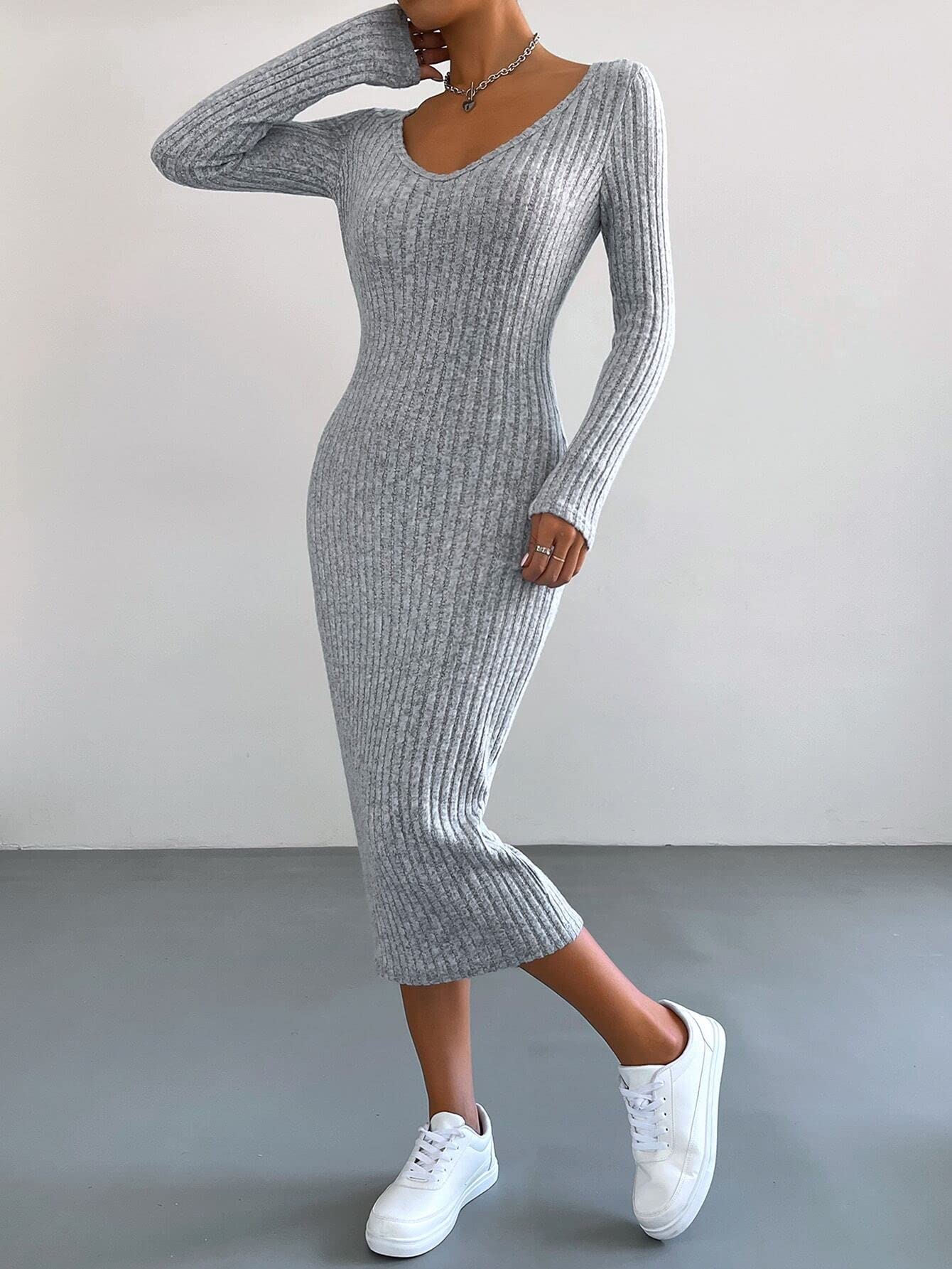 Neeno Women's Dresses Ribbed Knit Bodycon Dress Dress for Women (Color : Light Grey, Size : X-Small) : Clothing, Shoes & Jewelry