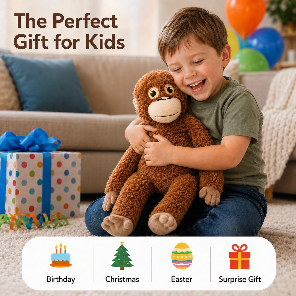 16in Monkey Plush Toy – Soft Huggable Orangutan Pillow, Hanging Gorilla Stuffed Animal, for Boys, Girls, Kids & Fans (Small)