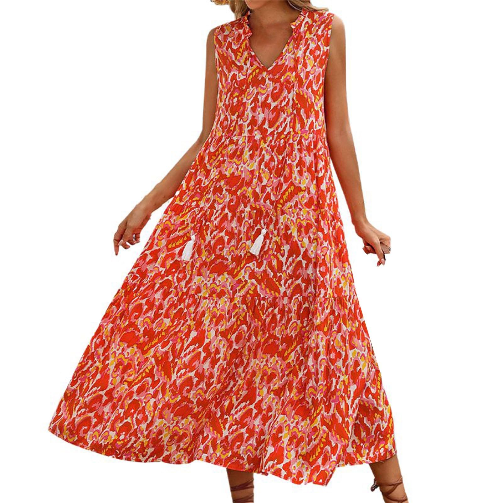 Generisch Abito estivo fluente da donna taglie forti con scollo a V, dettagli leganti e frange per abbigliamento casual da festa in vacanza con orlo increspato