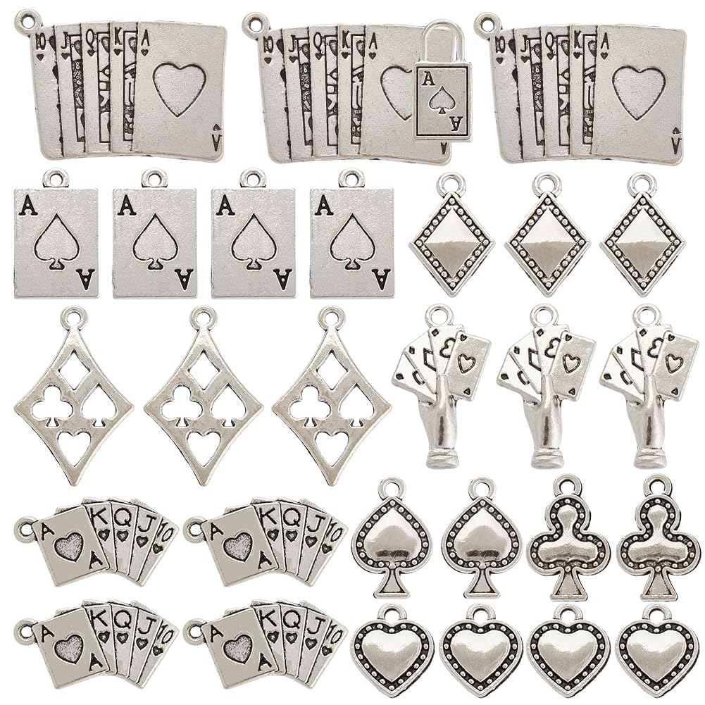 SUNNYCLUE 1 Box 80Pcs 10 Styles Silver Poker Charms Playing Cards Charms Tibetan Alloy Metal Ace of Spades Clue Games Rhombus Heart Lock Pendants for Jewelry Making Findings Necklaces DIY Crafts
