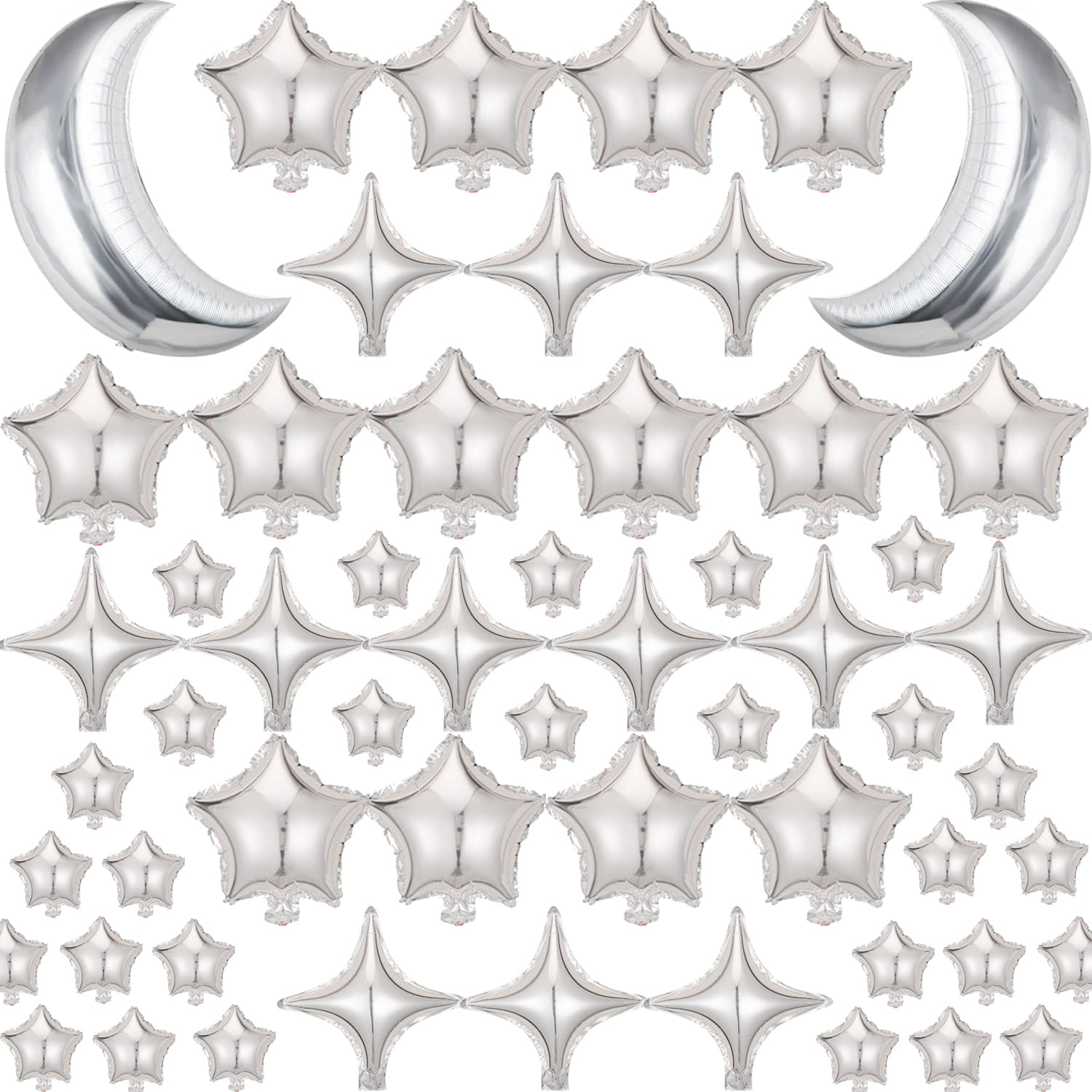 52Pcs 36" Silver Moon Foil Mylar Balloons, Silver Star Foil Mylar Balloons Four Pointed Star Balloon Graduation StarBaby Shower Bridal Shower Engagement Birthday Party Wedding Anniversary Decor