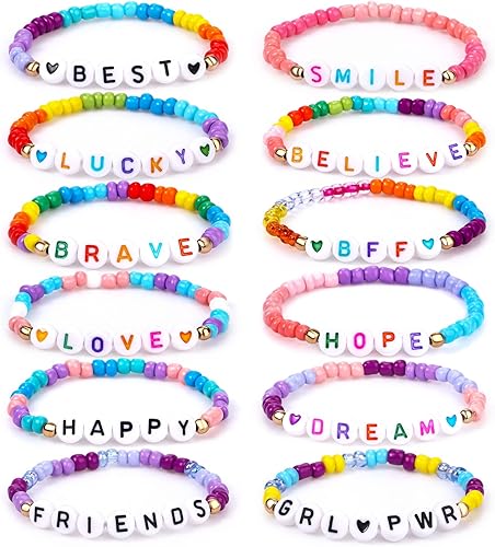 Miniatura 9 de Lorfancy Pulseras para niños para niñas, pulseras de cuentas con letras para bebé, linda amistad, princesa, elástica, pulsera de juego de