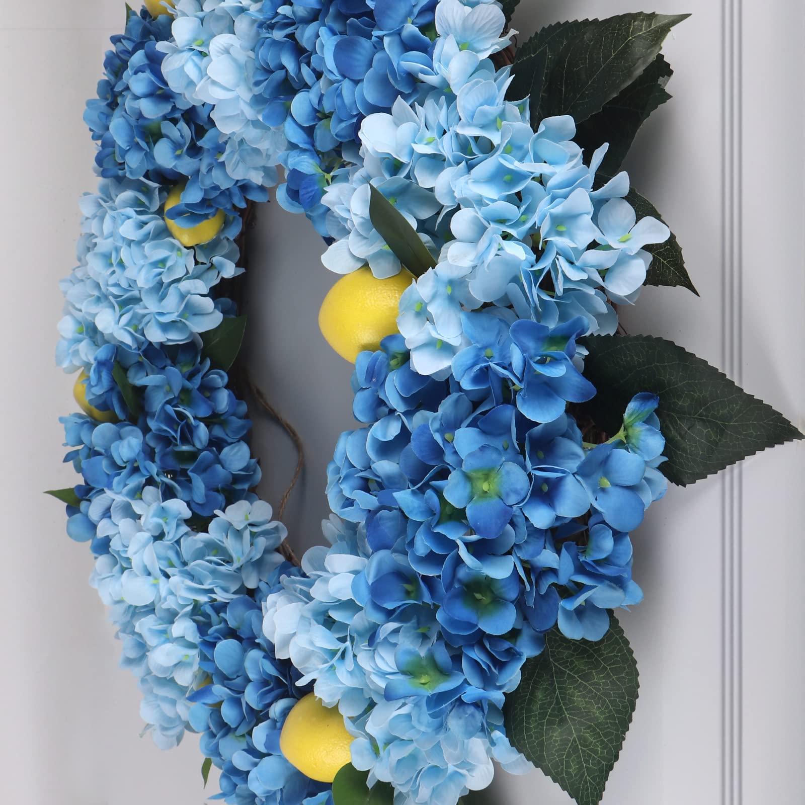 Kmise Sommer-Frühlingskranz für Haustür, 66 cm, große blaue Hortensien, Zitronenkranz für Tür, Fenster, zum Aufhängen, Hochzeit, Party, Dekoration