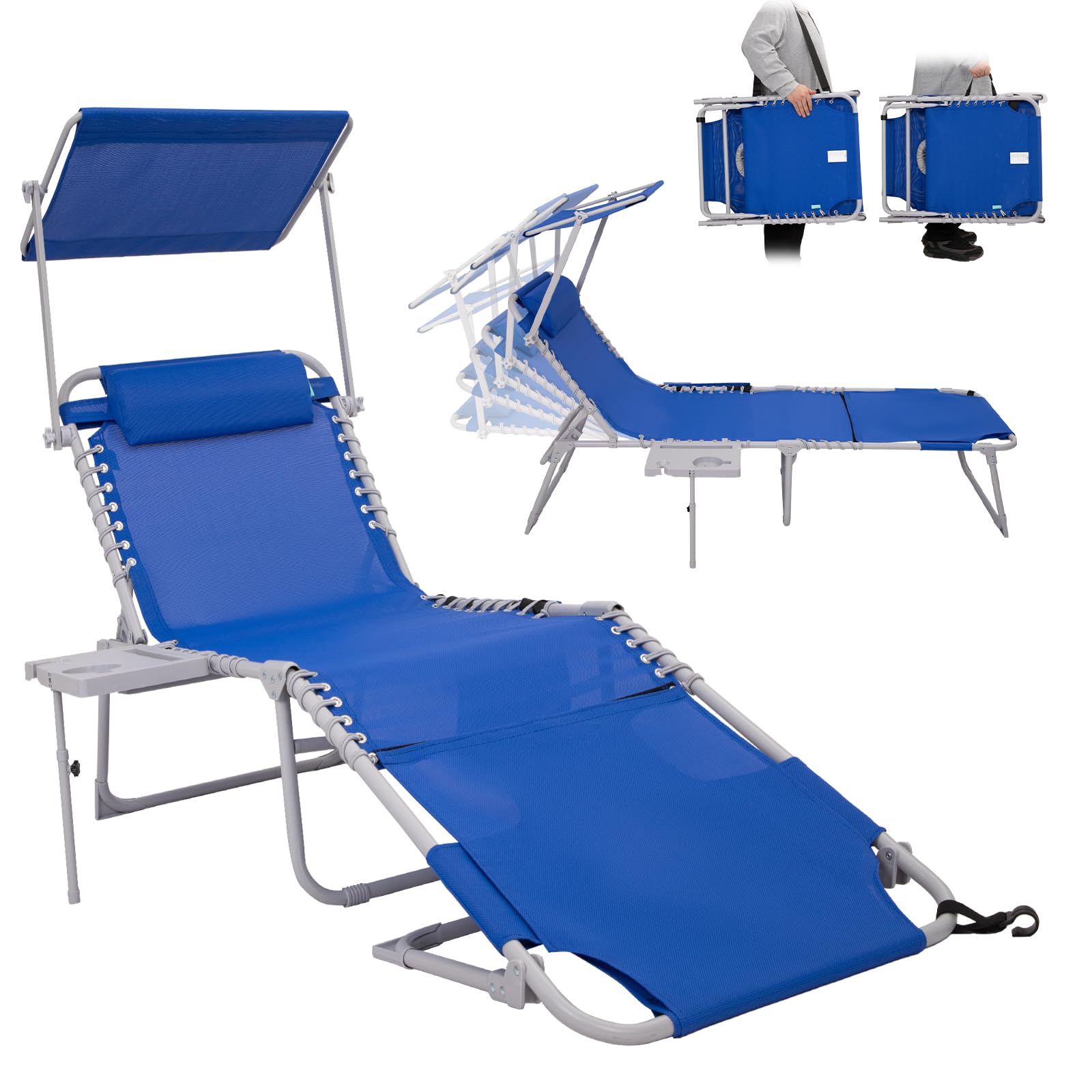 #WEJOY Folding Chaise Lounge Chair with Adjustable Back Portable Patio Lounge Chair with Canopy Heavy-Duty Camping Reclining Lounge Chair with Pillow for Beach Poolside Backyard Sunbathing Lawn Camp