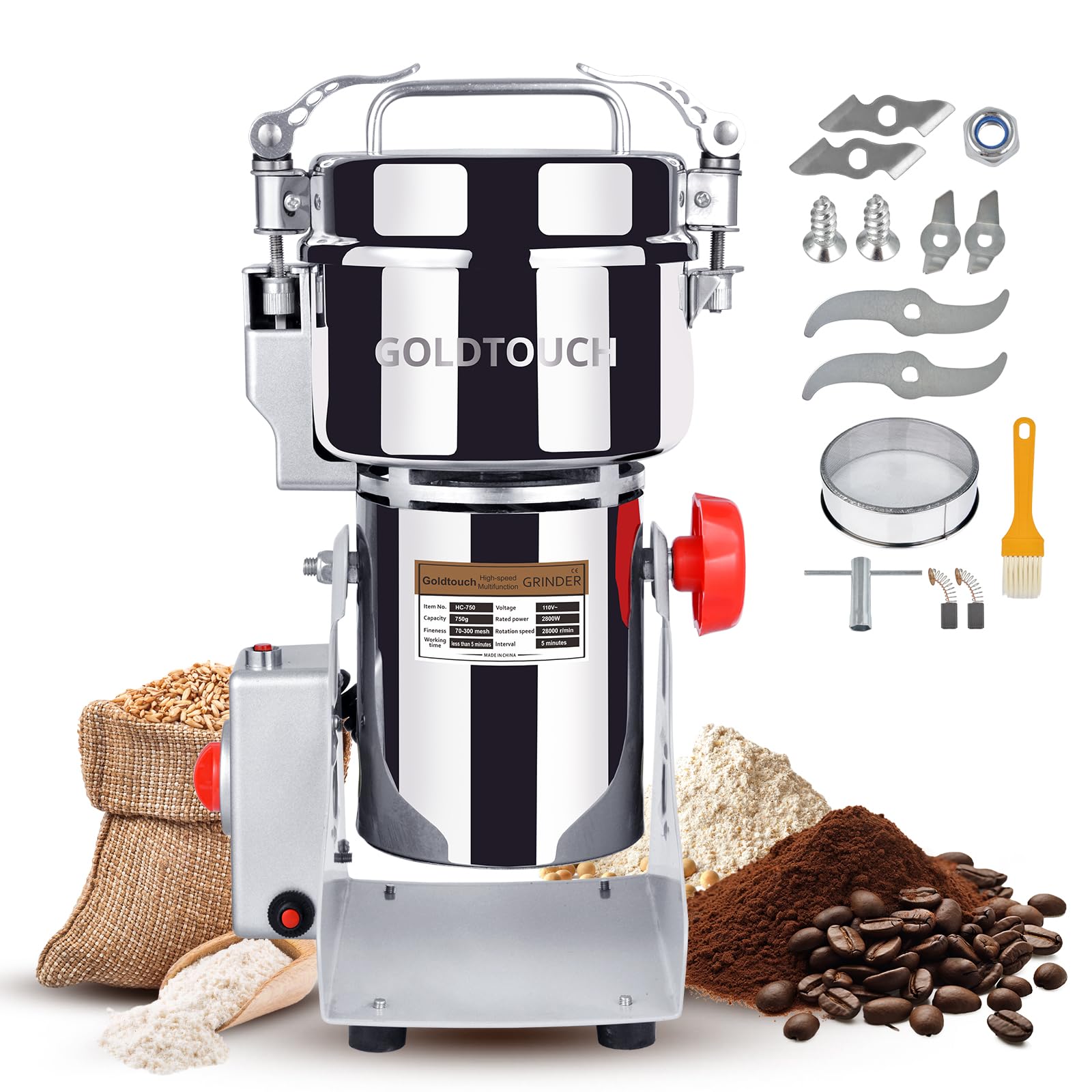 Goldtouch 750g High-Speed Electric Grain Mill Grinder, 2800W 110V Stainless Steel Flour Mill Makes Gluten Free Flours, Grain Mill for Home and Commercial Use