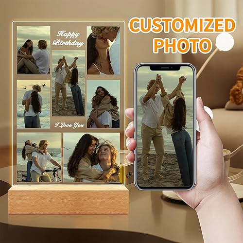 Miniatura 2 de Marco de fotos acrílico personalizado con luz LED, marco de fotos personalizado con base de madera, regalos de cumpleaños de aniversario