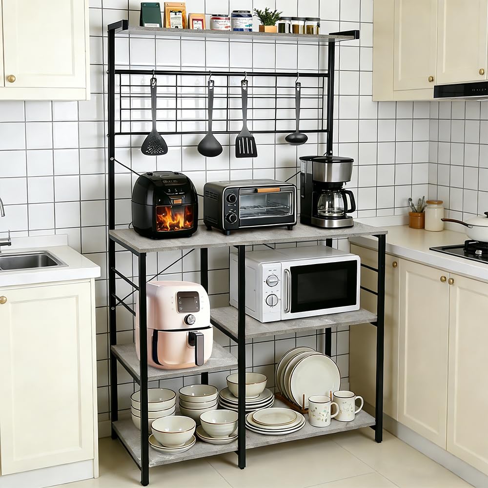 HUOLE Scaffale da cucina, mobile da cucina, bar per caffè con cesto in filo, scaffale per microonde con 8 ganci a S, per cucina, soggiorno, 42 x 90 x 167 cm (B) (aspetto calcareo)