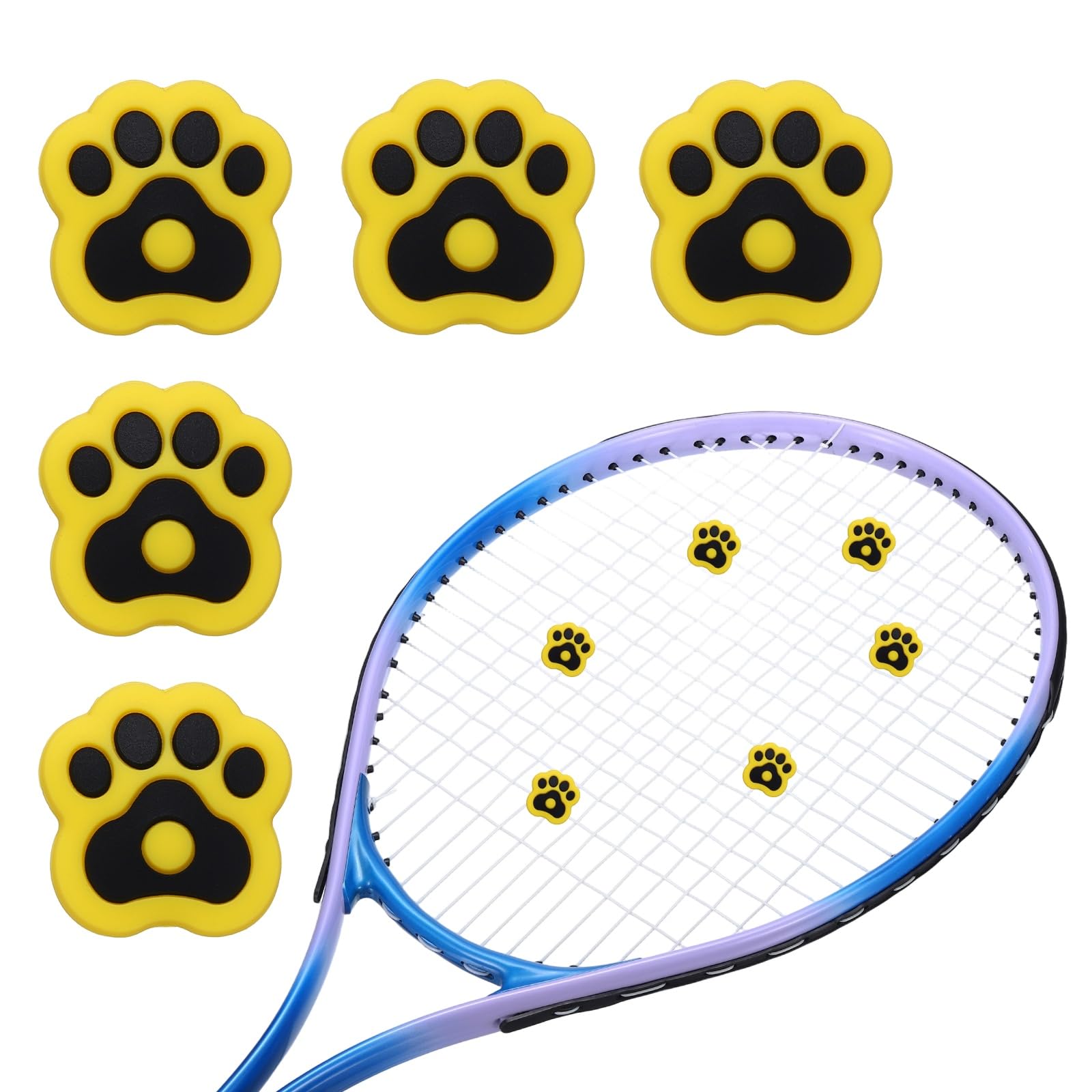 YELARXI Tennis Racket Dampener, Cute Vibration Dampener Shock Absorber Funny Tennis Soft Silicone Accessory 5Pcs & Yellow Black Cat Paw-Fitting for (Practice/Training/Game/Match/Club)