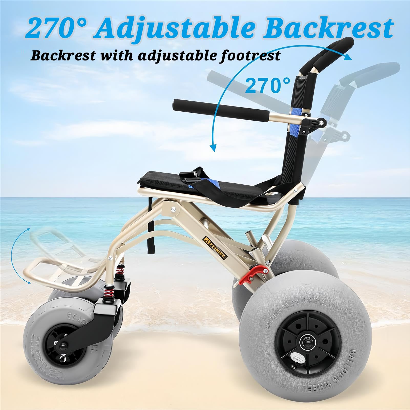 Faltbarer Strandwagen, GeläNdegäNgiger Strandrollstuhl, Transportstuhl Mit Klappbaren FußStüTzen, FüR Weichen Sand, Strand, Reise- Und Transportservice FüR Senioren
