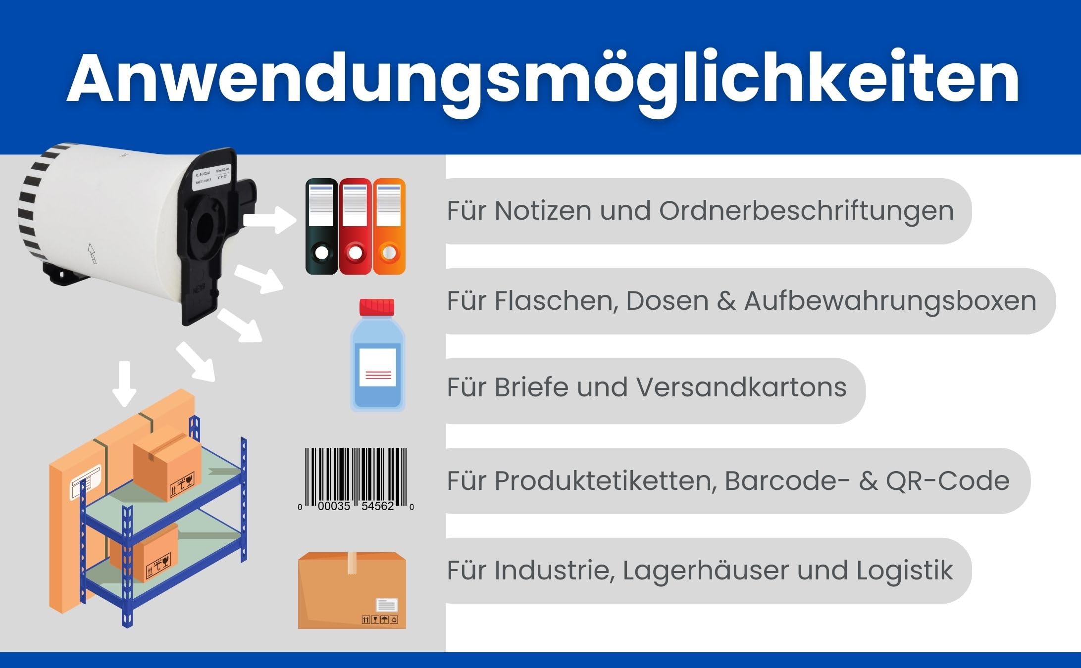 12 Rollen DK-22243 Endlos-Etiketten (102mm x 30,48m pro Rolle) Schwarz auf Weiß, Kompatibel mit Brother QL-Druckern, Thermopapier für klare Versandlabels, Adressetiketten, Bilder und Barcodes