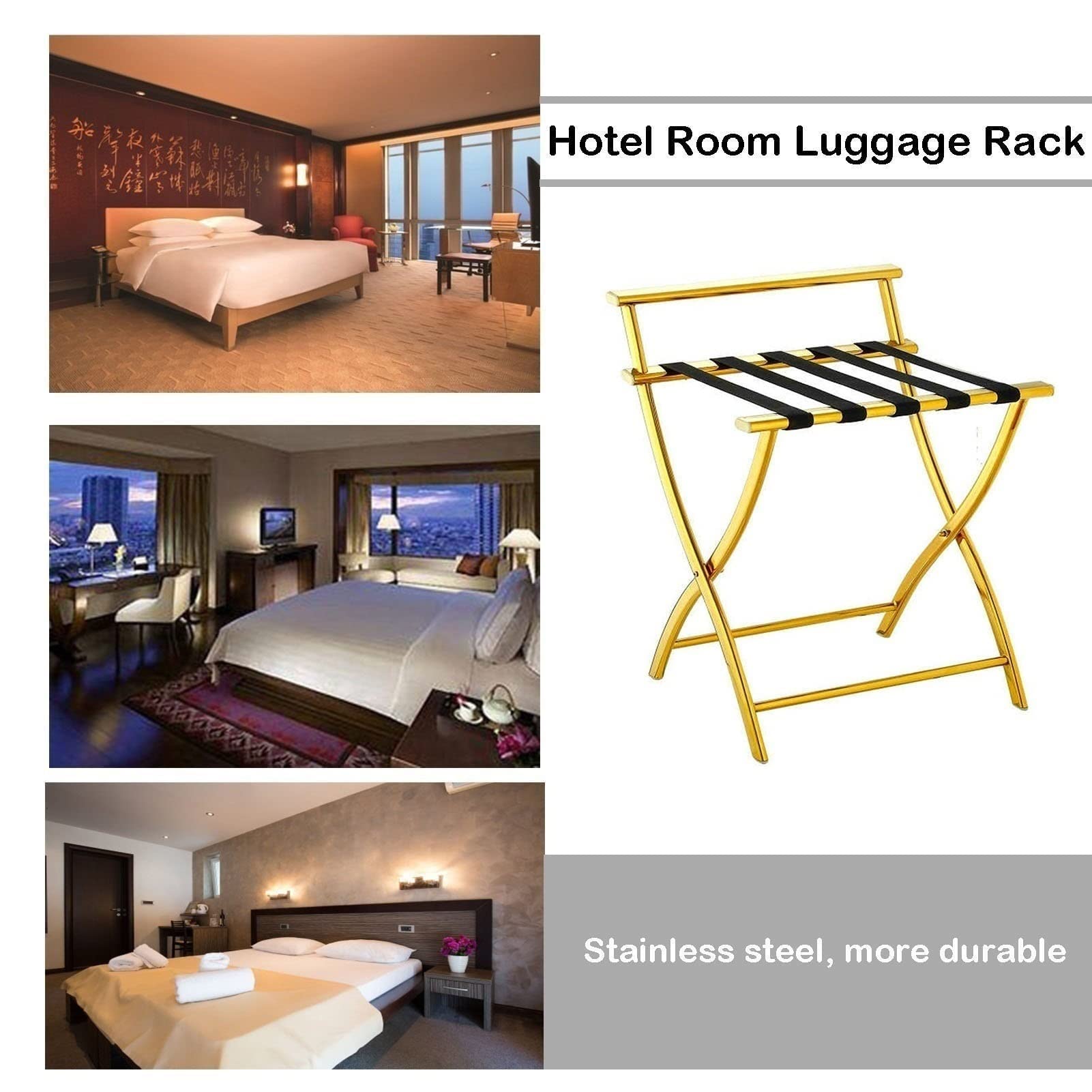Portamaletas Plegable (2 Unidades) - Portaequipajes para Habitaciones de Hotel, Soporte para Maletas de Viaje, Soporte de Suelo de Acero Inoxidable, 52,8 x 45,7 x 52,Bronze