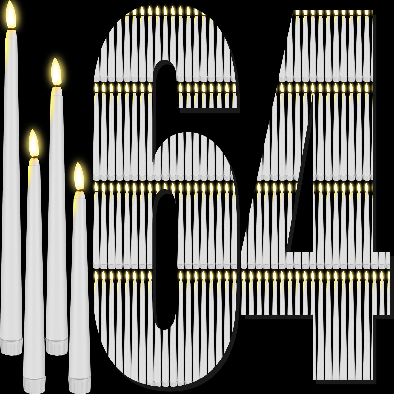 Rossesay 64 Pcs Wedding Flameless LED Taper Candles Battery Operated Candles 4 Sizes of 8.5'', 9.65'', 10.83'', 12.8'' Candlesticks Flickering for Halloween Christmas Church Wedding(White)