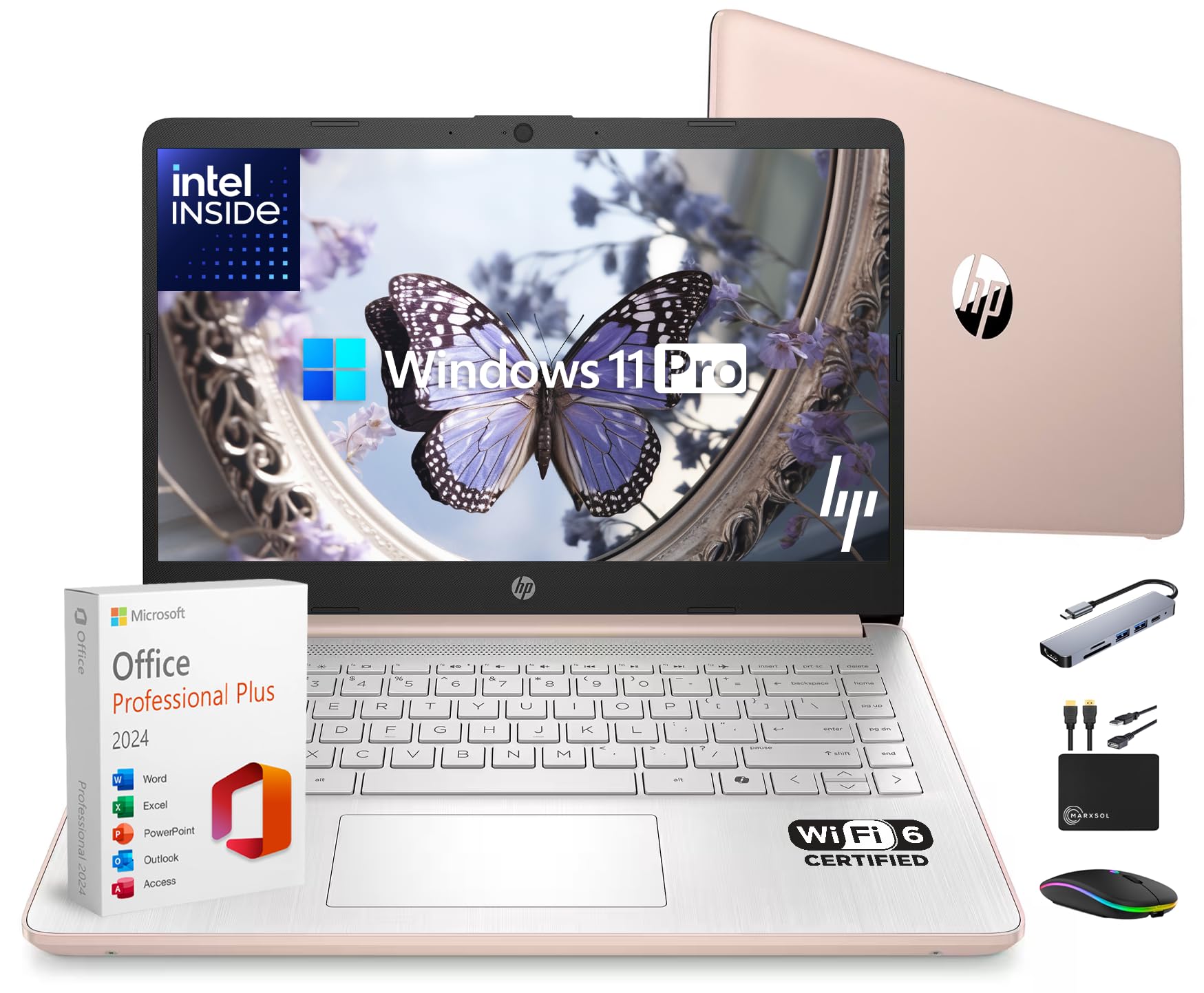 14" Laptop Thin and Light for 2026 Student Business with Office Suite, Copilot AI, Intel CPU Up to 2.8GHz, 16GB RAM, 628GB Storage (128GB SSD+500GB Ext), WiFi 6, Win 11 Pro, MarxsolAddon, Rosegold
