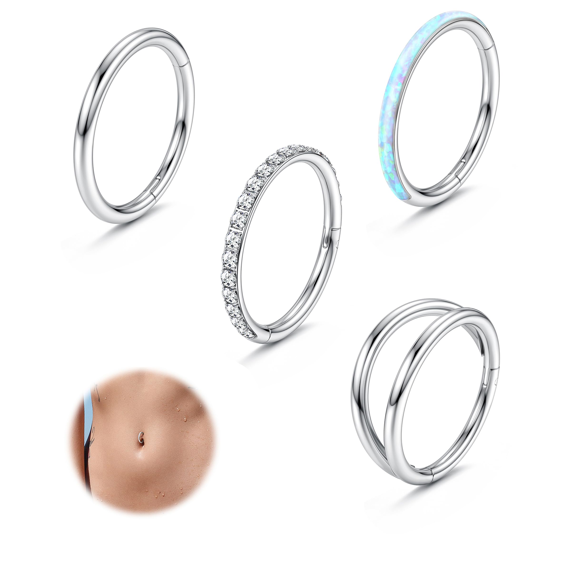 Adramata 4 Pcs 14G 10MM Piercing Ombligo Acero Quirurgico Piercing Ombligo Aro Ópalo Septum Piercing Oro Plata Tragus Helix Oreja Piercing Hipoalergénica Corporal Piercing para Mujer