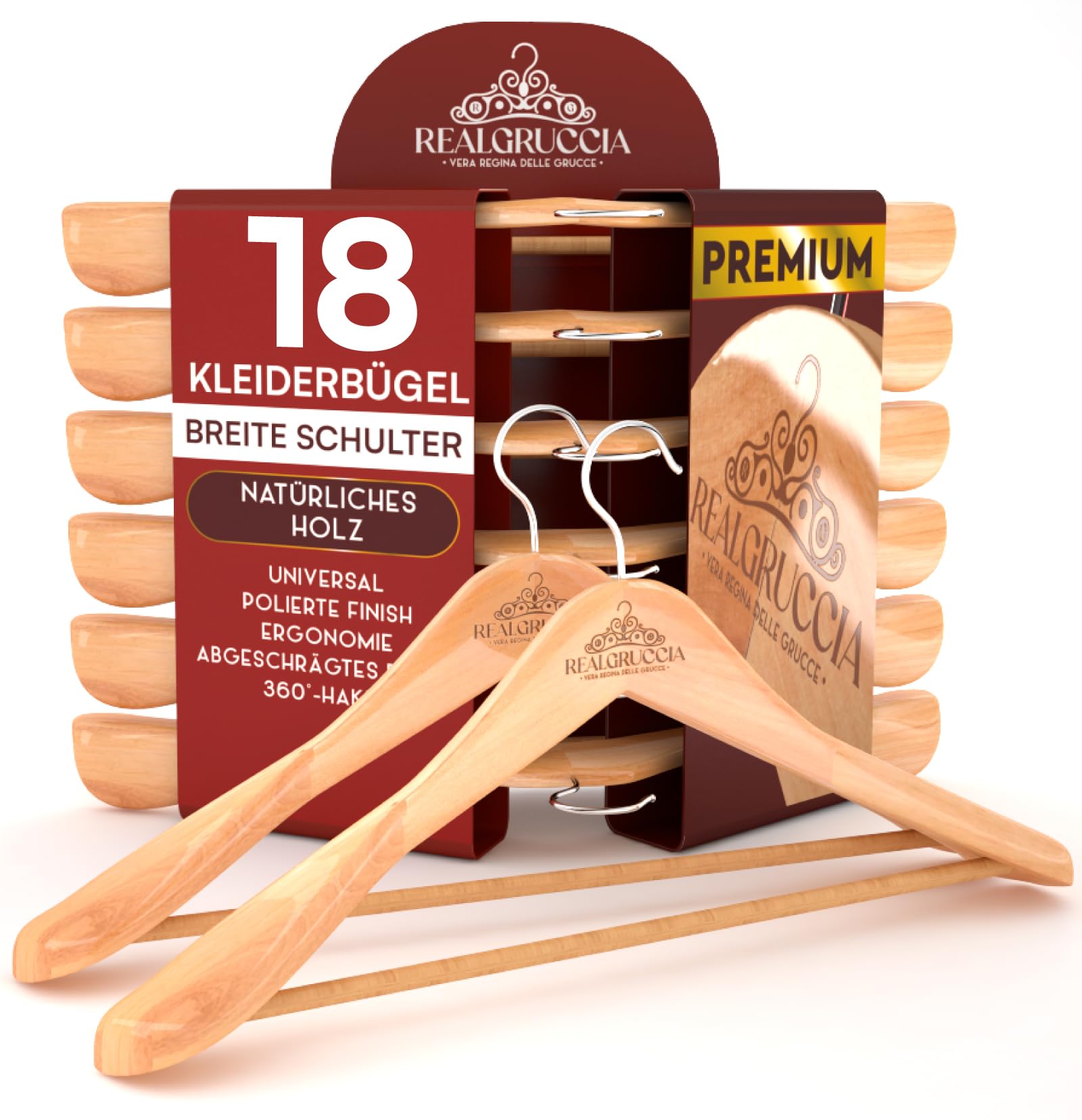 18 Kleiderbügel aus Holz Kleiderbügel Breite Schulter Holzbügel Farbe Naturholz - RealGruccia mit Hosensteg Polierter Oberfläche Drehbaren Hakens und Abgeschrägte Profile - 24x45cm