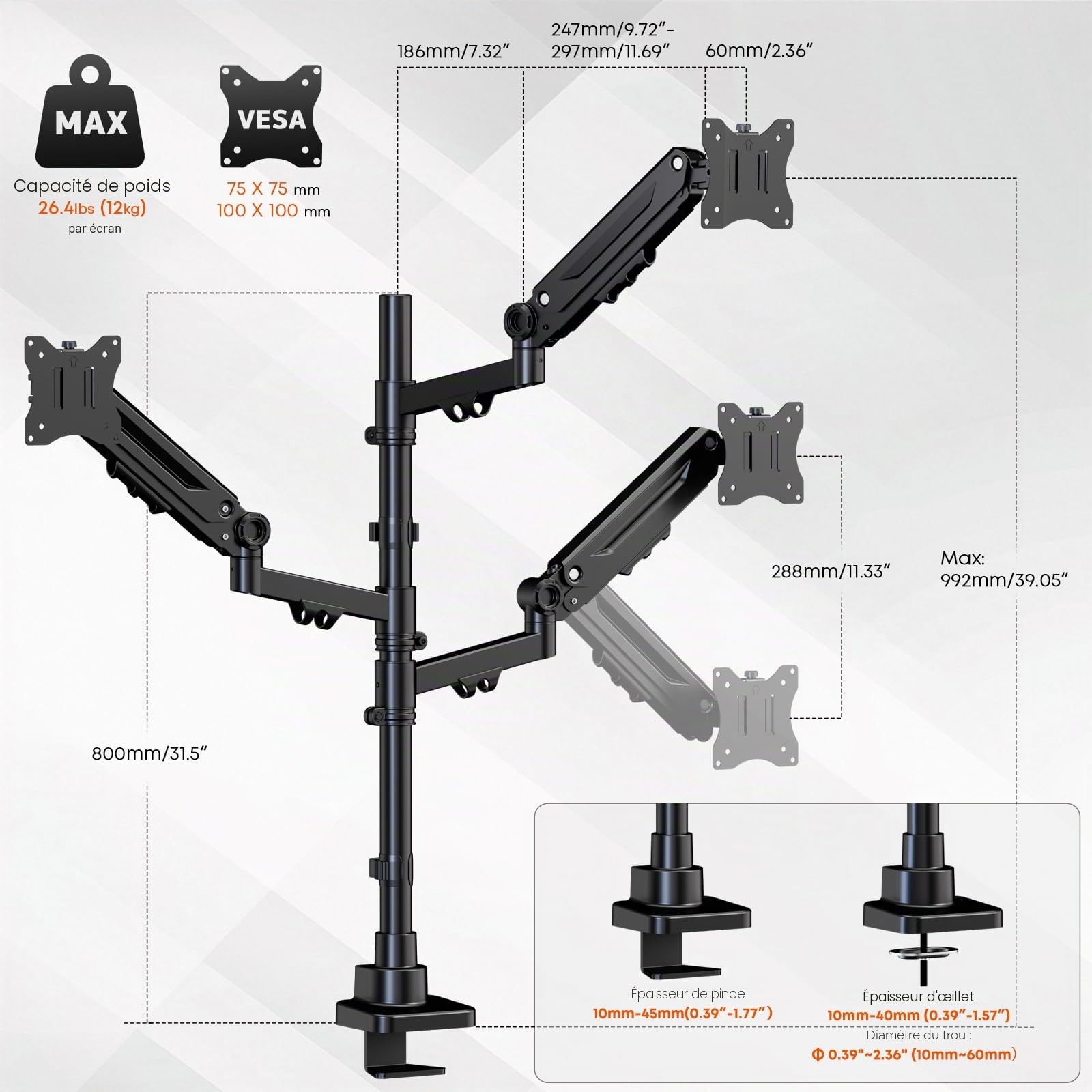 PUTORSEN Support de Moniteur 3 moniteurs pour écran de 17 à 35", Support pour 3 écrans réglable en Hauteur avec Une capacité de 12 kg par Bras, Barre de 80 cm, VESA 75/100 mm