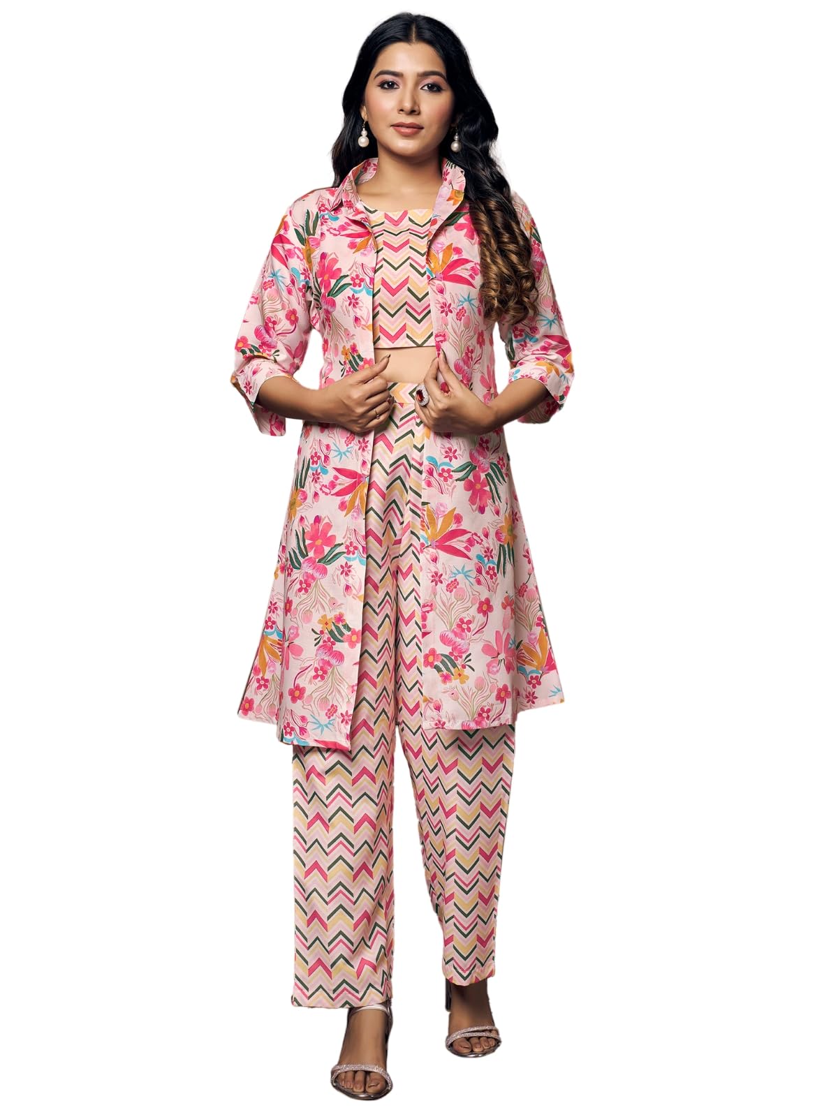 GRECIILOOKSCo Ord Set For Women stylish | Ethnic Anarkali Printed Kurta set | 3 Piece Kurtis Pant Set | Trendy Winter Travel Outfit For Holiday Look & Puja | Viscose Rayon Printed Kurta & Straight Pant | 3/4 sleeve