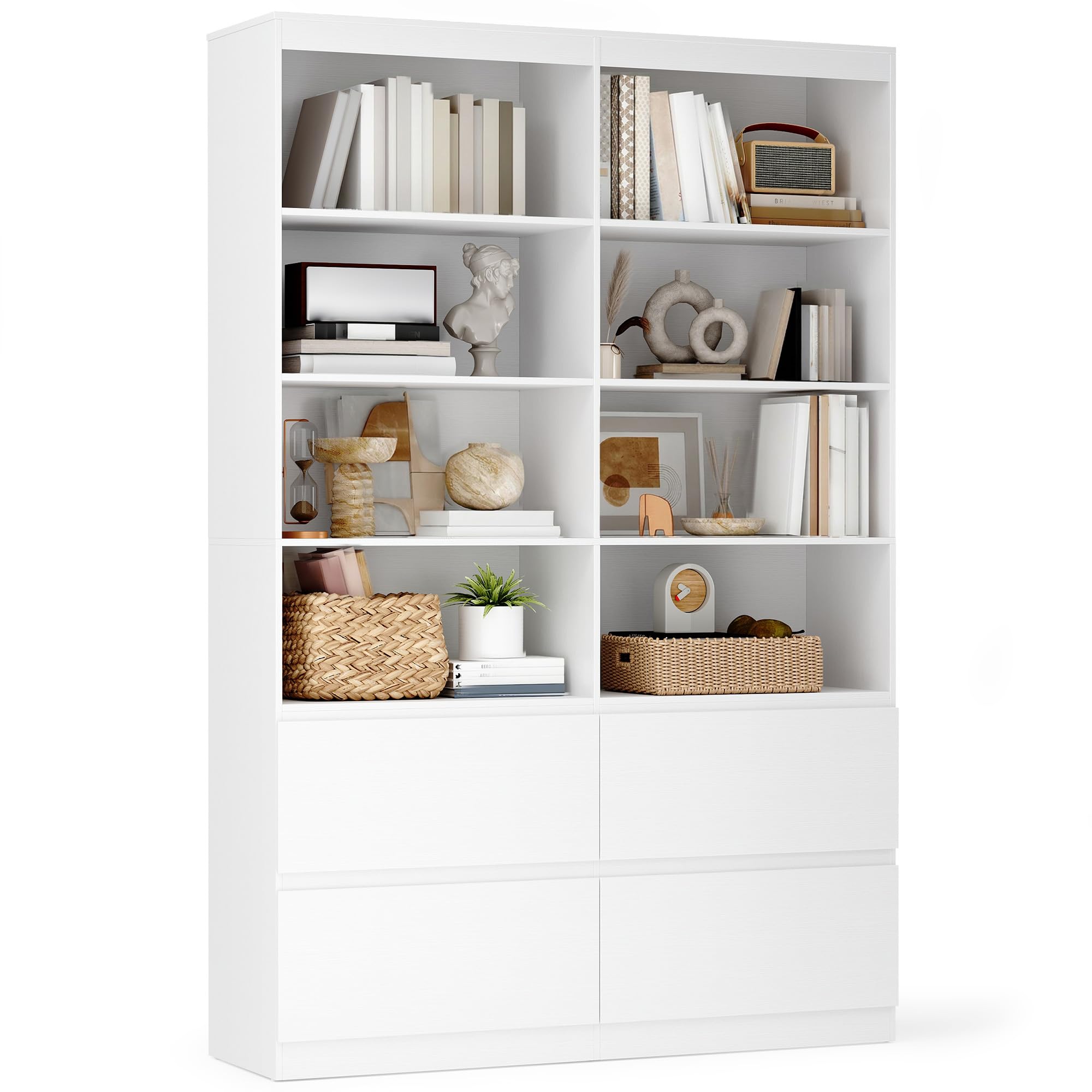Xbro Libreria Alta con Cassetti 120 x 34 x 180 cm | 8 vani aperti e 4 cassetti senza maniglie con struttura MDF per soggiorno studio e ufficio