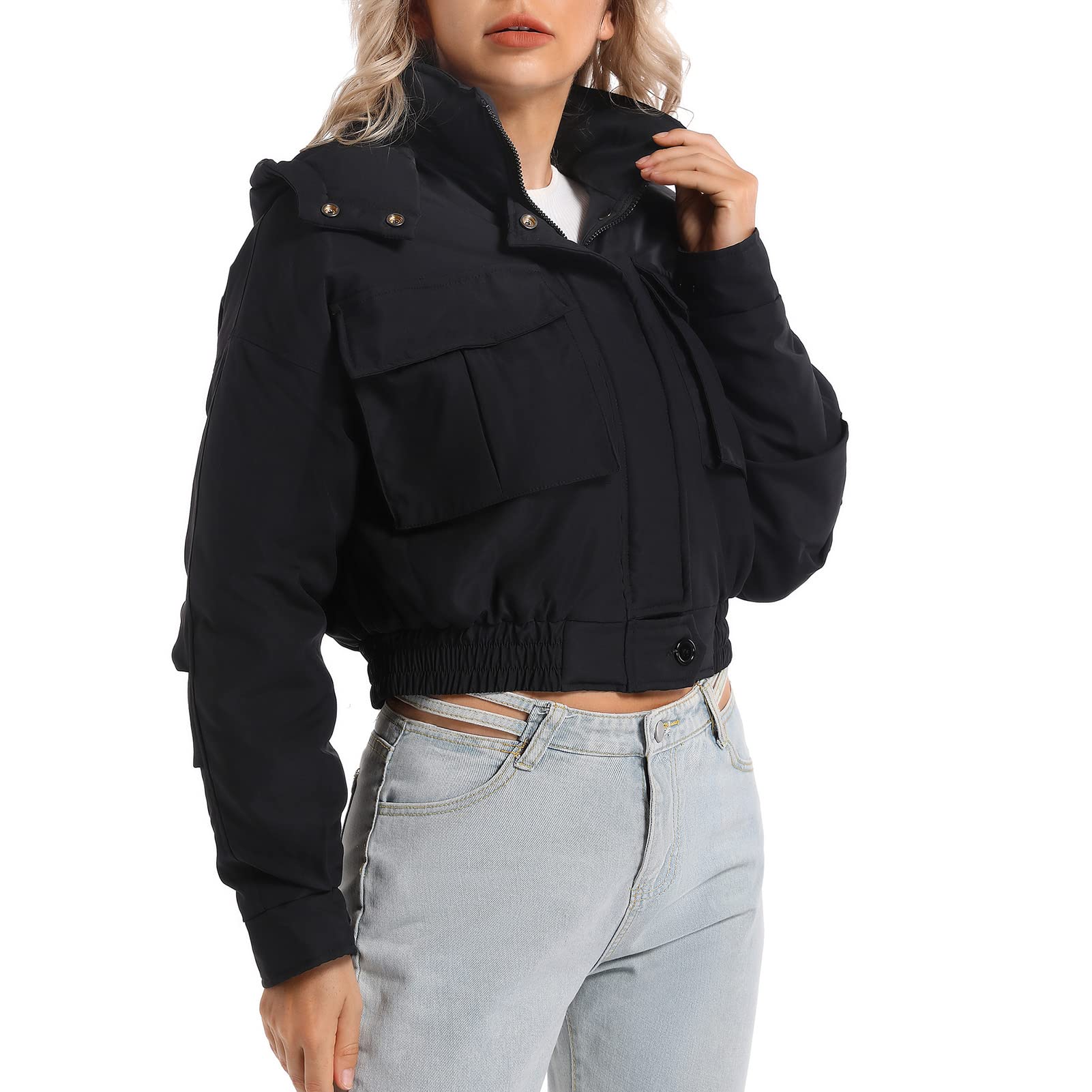 Women's Winter Hooded Cropped Quilted Padding Bomber Jacket Zip Up Outerwear Windbreaker with Big Pockets