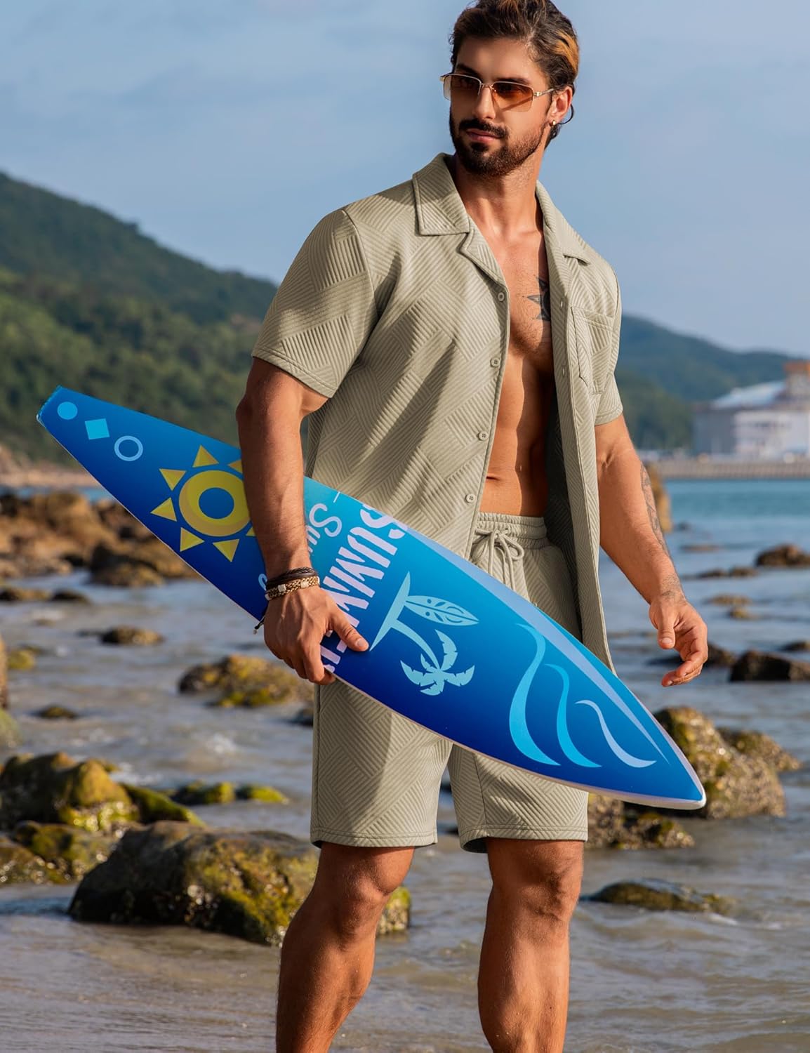 URRU Mens 2 Piece Outfits Summer Casual Texture Beach Short Sleeve Button Down Shirts and Shorts Set with Pocket - Image 2