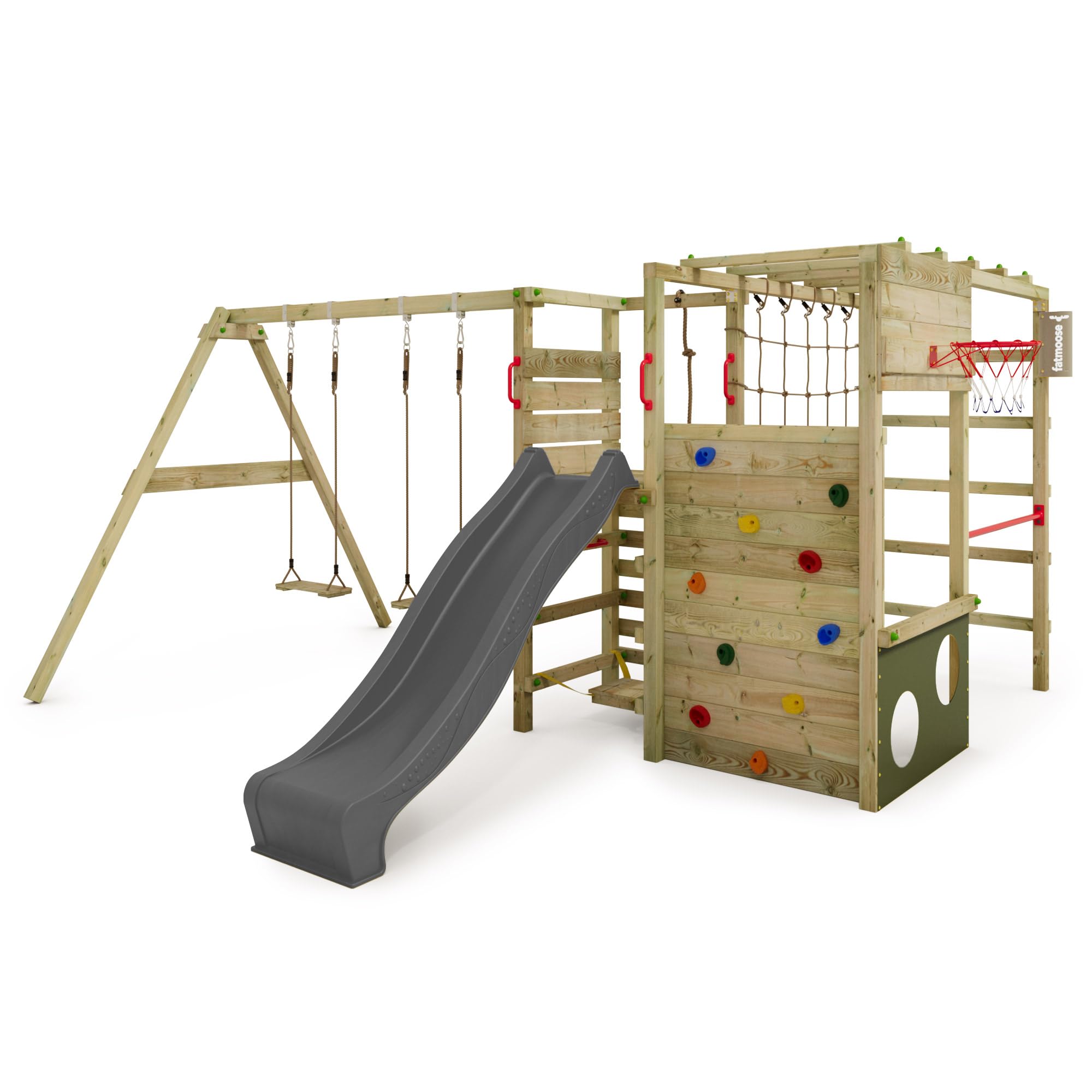 FATMOOSE Aire de Jeux ActionArena Air XXL portique en Bois avec balançoire et Toboggan, Tour d'escalade pour Enfants avec bac à Sable, échelle et Accessoires de Jeu pour Le Jardin. (Anthracite)