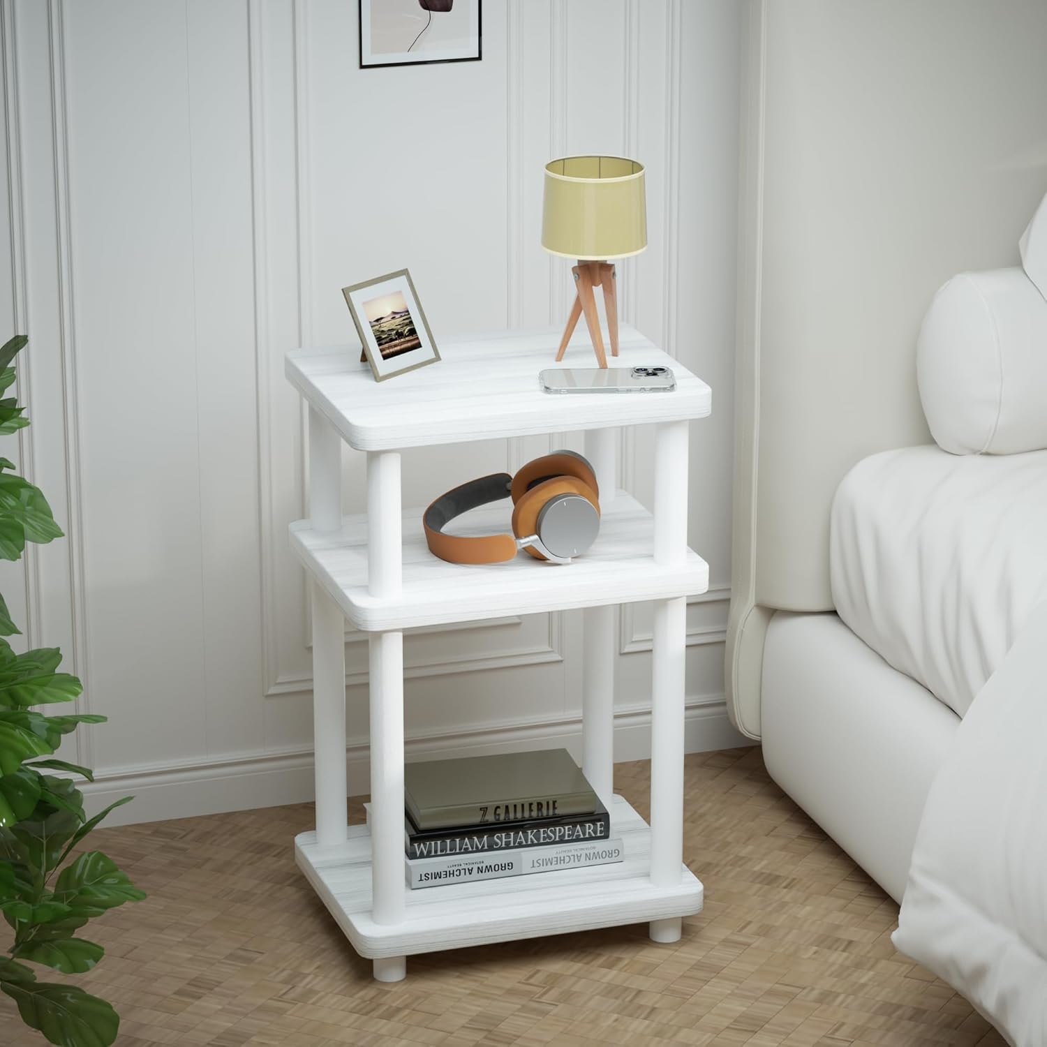 DALEMHOME Solid Wood 3 Tier End Table, Side Table Sofa Couch Table for Living Room, Night Stand Storage Shelf, for Small Space, Easy Assembly, for Living Room, Bedroom, Apartment, White