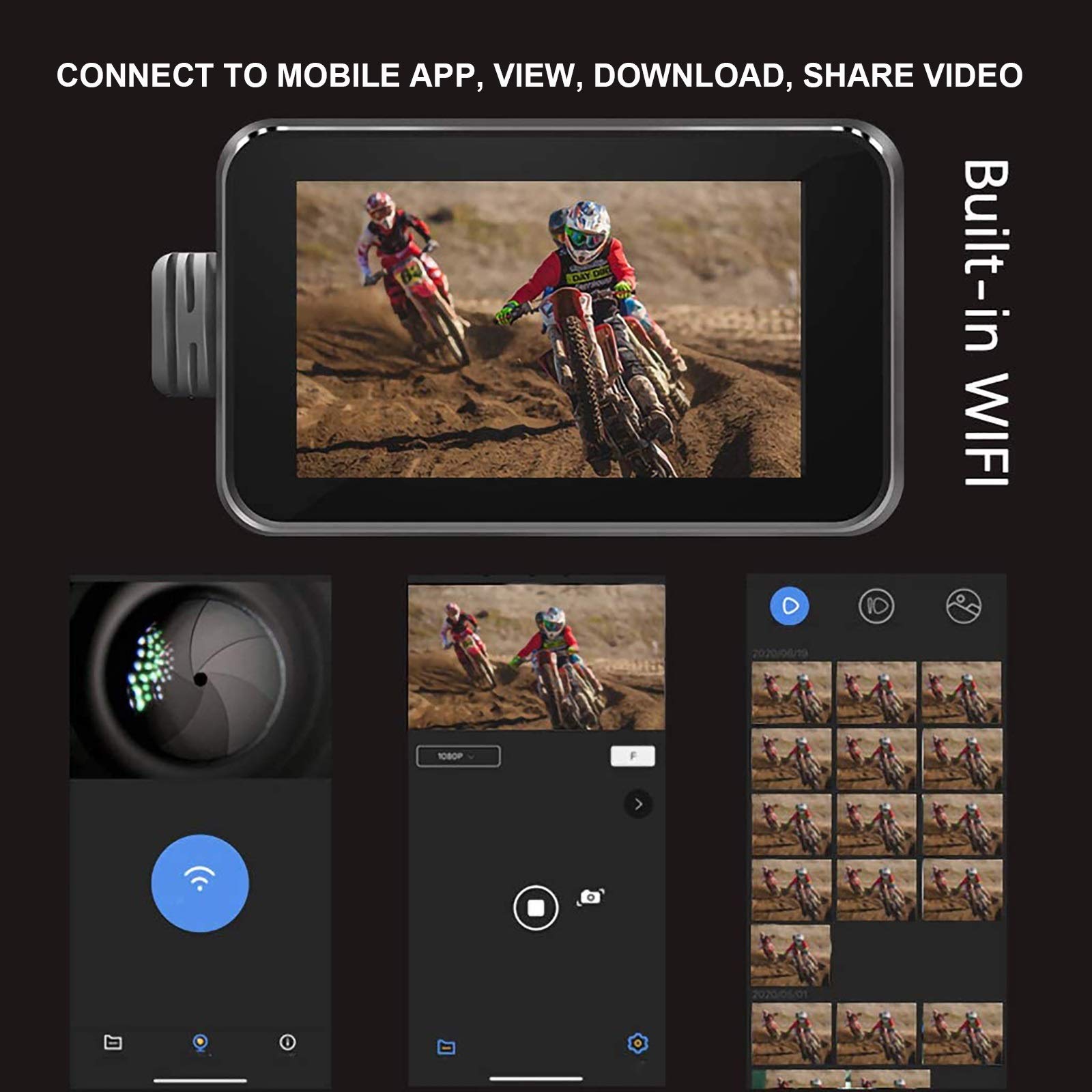 Motorcycle WiFi Dash Cam con pantalla táctil de 4 pulgadas, cámara de lente dual 1080P, grabadora de video de ciclo exterior con rastreador GPS, controlador de alambre, sensor G, grabación de bucle