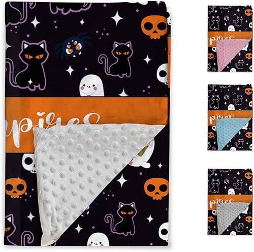 Miniatura 3 de Manta de bebé personalizada de Halloween, manta con nombre personalizado para niños pequeños, franela suave con respaldo de puntos de doble capa,