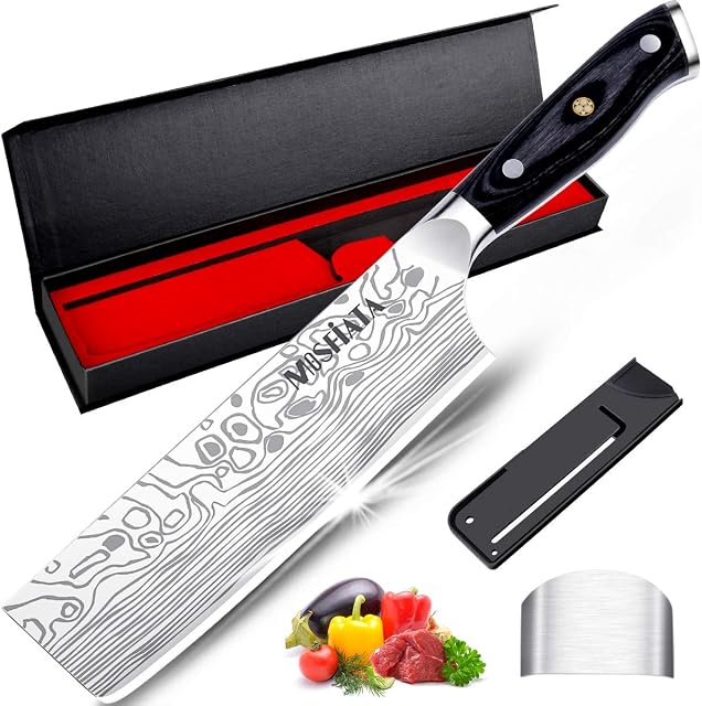 MOSFiATA 7 Nakiri Chef's Knife, Japanese Meat Cleaver Kitchen Knife, Vegetable Cooking Knives, German High Carbon Stainless Steel with Ergonomic Handle, Finger Blade Guard in Box Gifts for Women Men