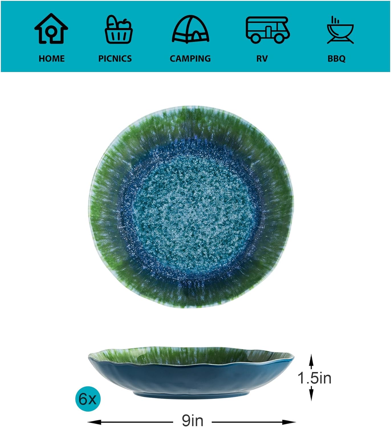 Melamine Pasta Bowls Large Salad Bowls Set 9 inch Sets of 6 pcs Soup Bowls Wide Shallow Flat Turquoise Teal Round Dinnerware Tableware Dishwasher Safe Not Microware Not Oven - Image 2