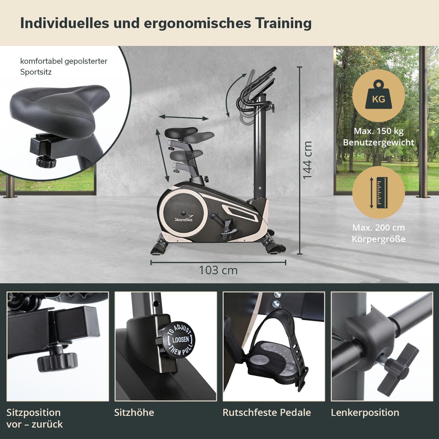 Skandika Ergometer Morpheus | Heimtrainer für Zuhause, 12 kg Schwungmassensystem, 32 Levels, 24 Programme, App Kompatibel mit Kinomap, Pulsgurt, Tablethalterung | Indoor Fahrrad bis 150 kg