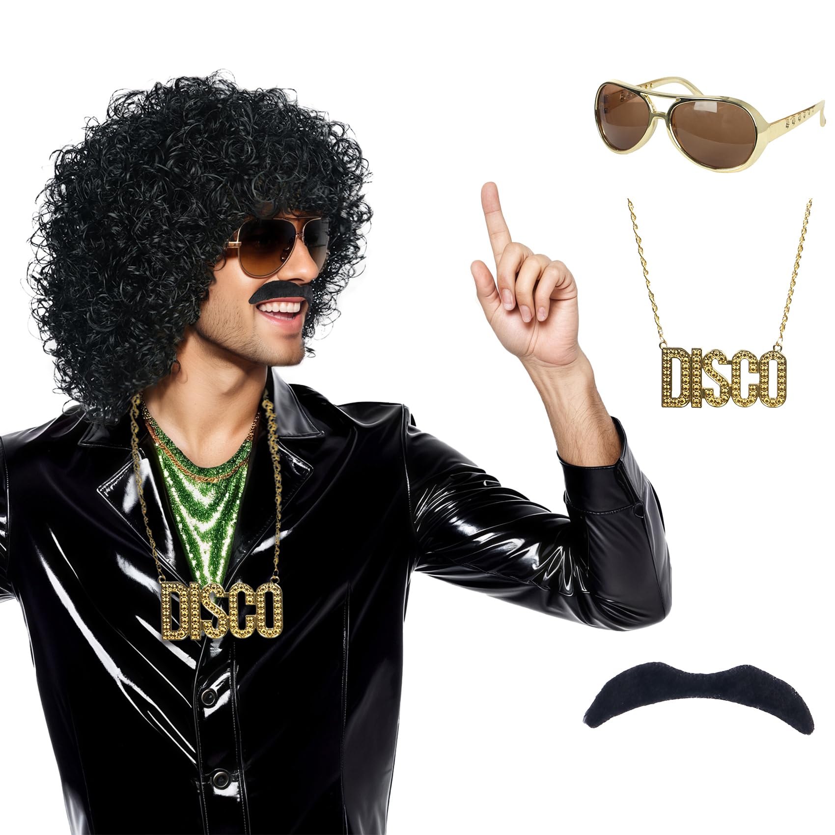 Yuehong Black Curly Fluffy Jumbo 70s Afro Wig 80s Rocker Disco Party Costume Hair Heat Resistant Synthetic Fibers Soft Durable Breathable Wig with Mustache Necklace and Glasses