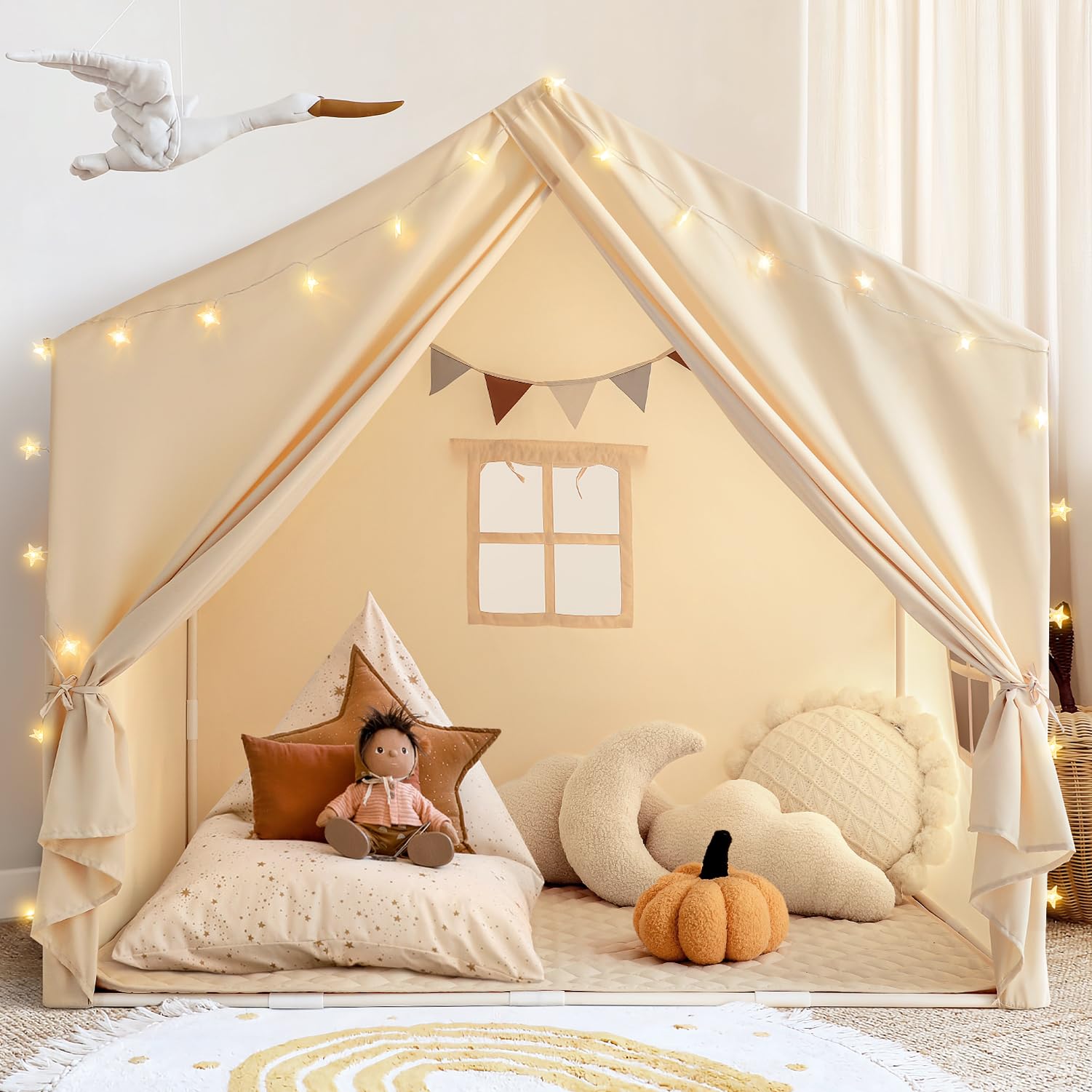 Kids Play Tent with Padded Mat, Play Tent for Toddlers, Large Kids Tent Indoor Playhouse, Play House Tent Princess T Play Cottage for Girls Toy House Birthday