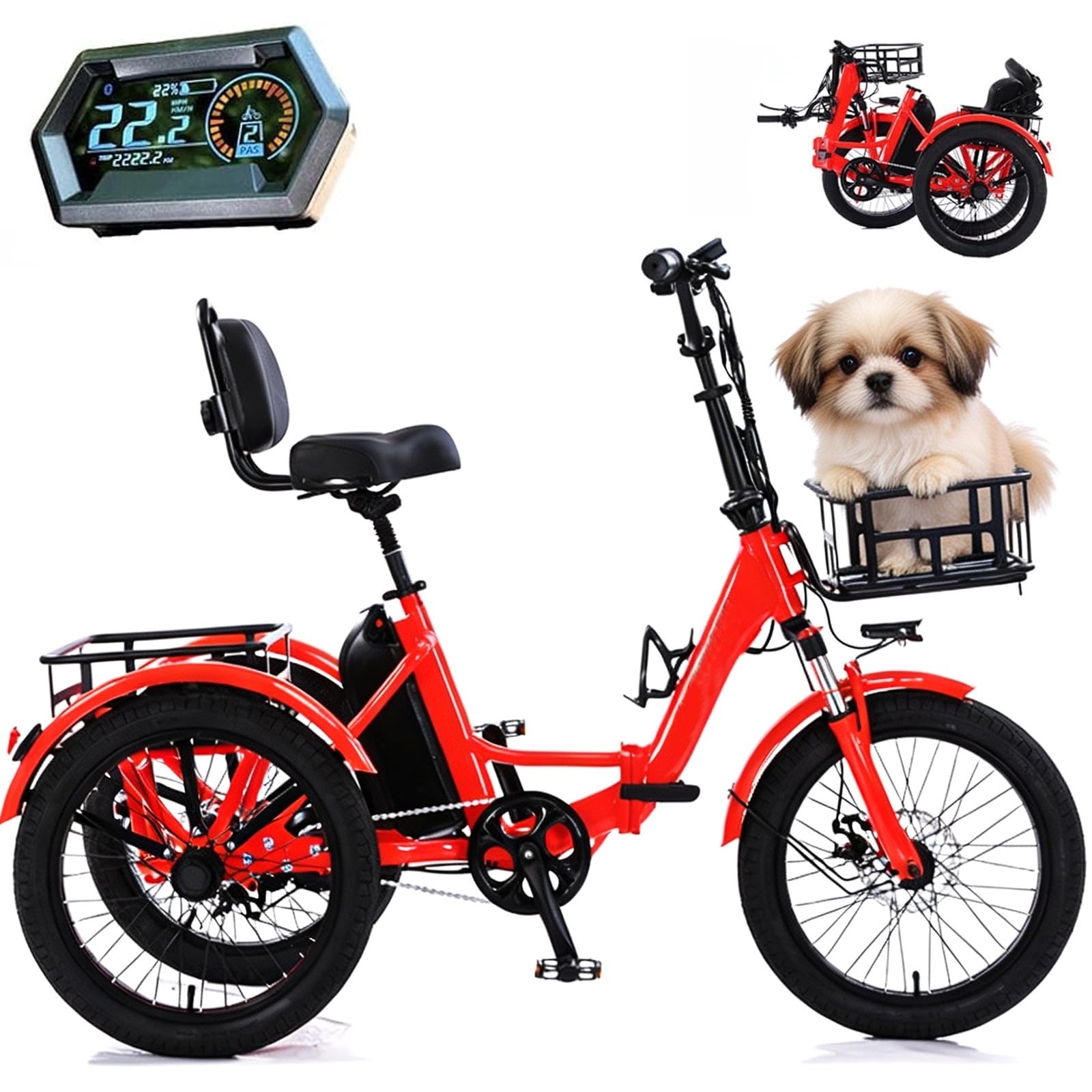 BuilfutenM Tricycle Electric Bike Adult Fat Tyre for Adults Bike Pedal Bike with Basket Easy Climbing Load Capacitay Fat Tire for Adults,Comfortable Rides 20Inch-Red