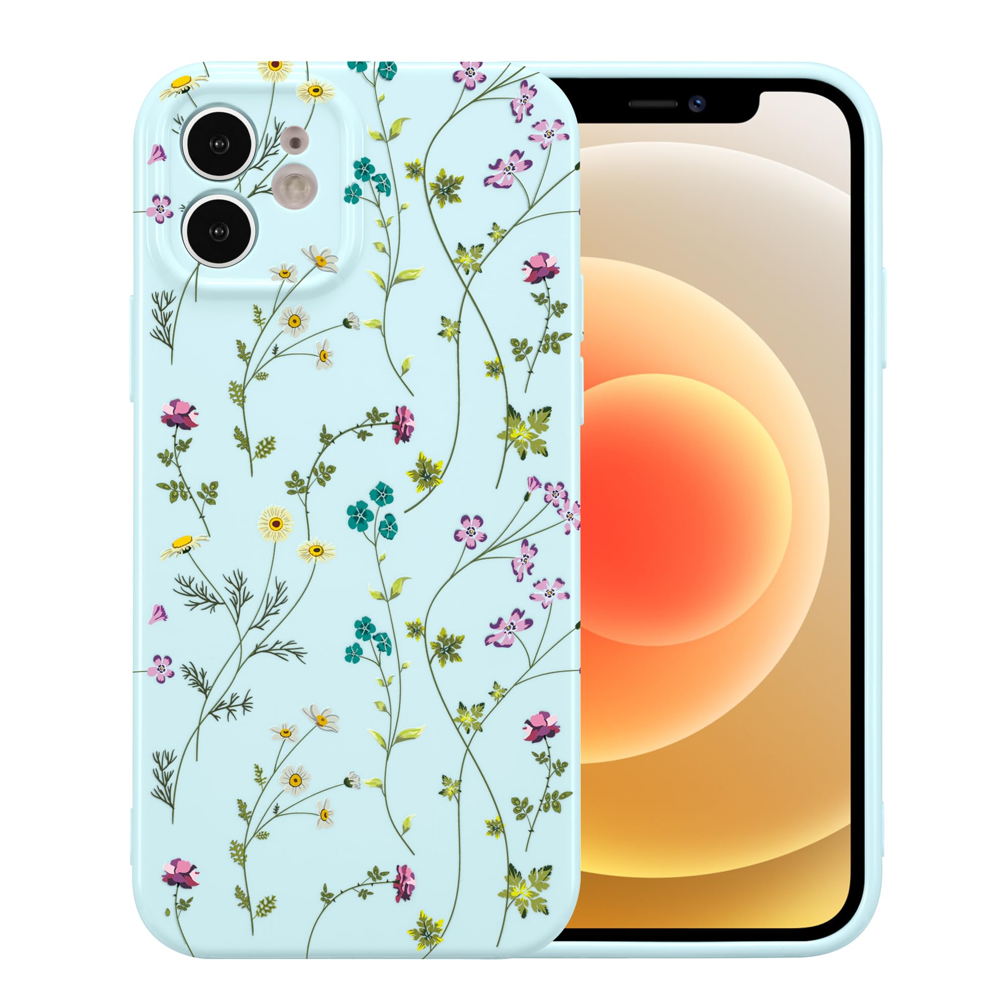 RALEAVO Floral Case for iPhone 12, Flower Branch Pattern Design Cute Cover Case for Girls Women Slim Thin Soft Silicone Shockproof Anti-Slip Phone
