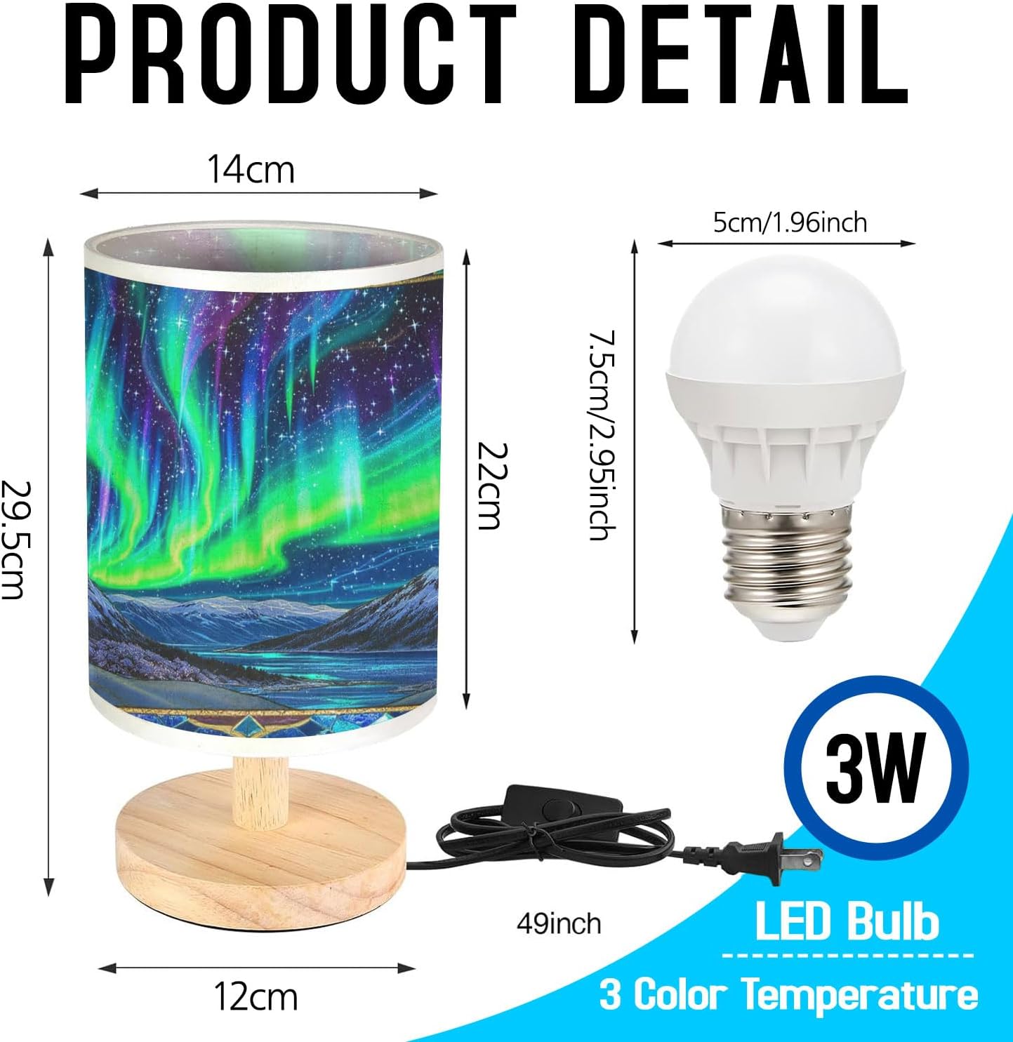 Northern Lights Table Lamp LED 3-Color Pressed Bedside for Merry Christmas, Northern Lights Shade Christmas Table Lamp with Wood Base for Bedroom Living Room Desk Office