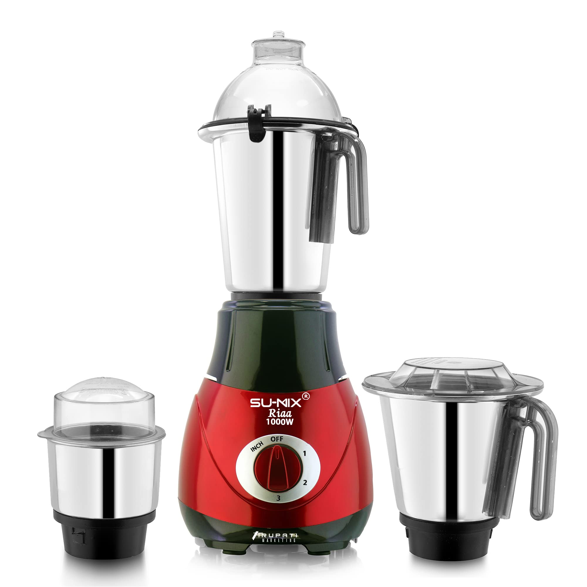 Su-mix RIAA New Excellent Model RIAA 1000 Watts,Mixer & Grinder with 3 Heavy Aluminium Base Stainless Steel Jars (Dry, Chutney and Liquid Jar) Red-Black S3J Company 37 Years of Servicing.