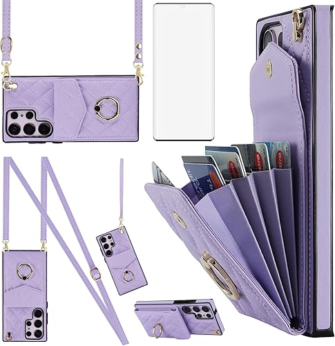 Asuwish Funda de teléfono para Samsung Galaxy S23 Ultra 5G Funda tipo cartera con protector de pantalla de vidrio templado y correa para la muñeca