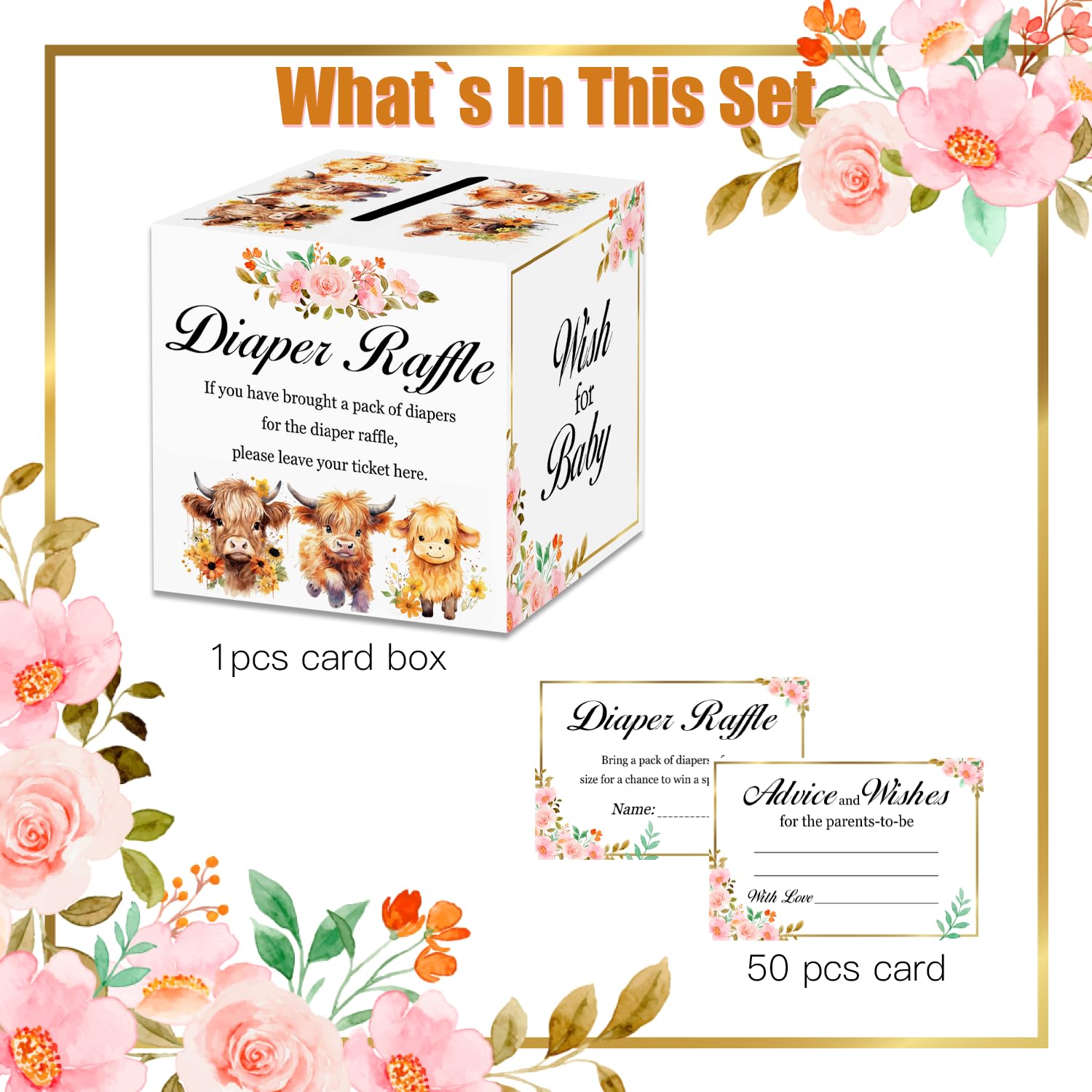Yingoto 51pcs Highland Cow Baby Shower Decorations, Diaper Raffle Tickets for Baby Shower with Box, Bring a Pack of Diapers to Win Prize Game